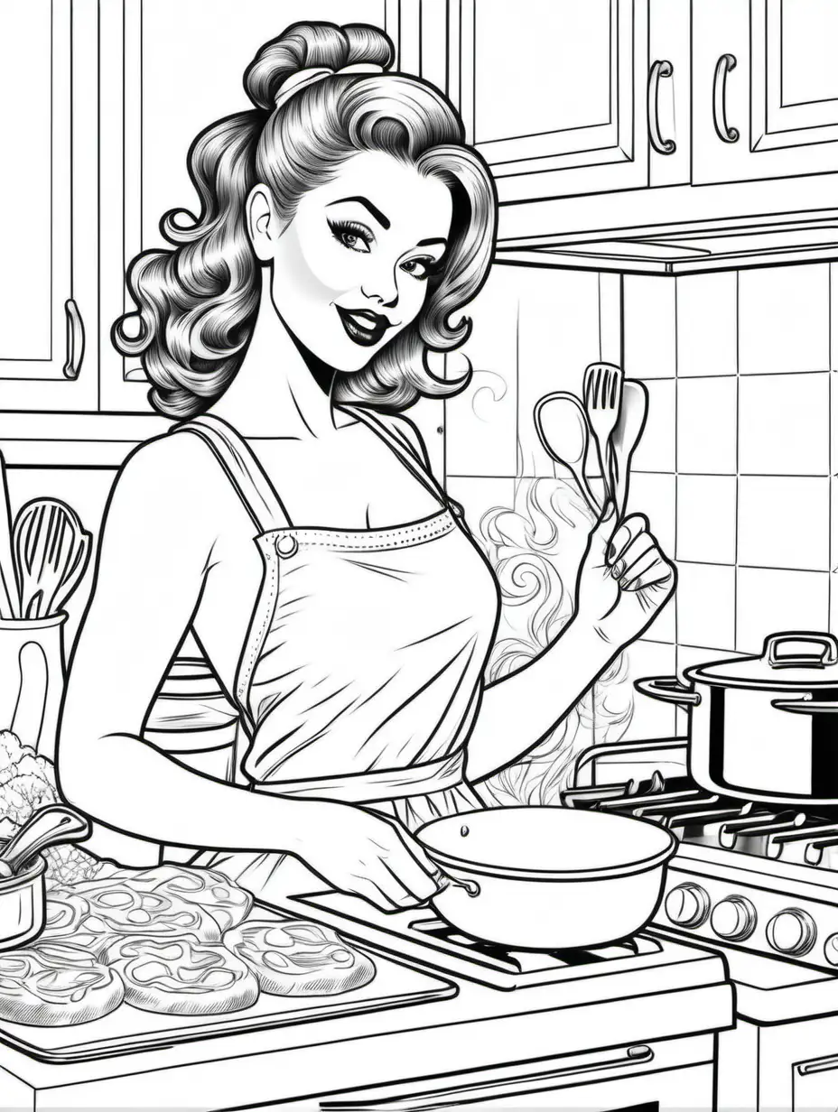 coloring page for adults, pinup, girl cooking , white background, clean line art, fine line artcoloring page for adults
Fill the page with a kitchen background