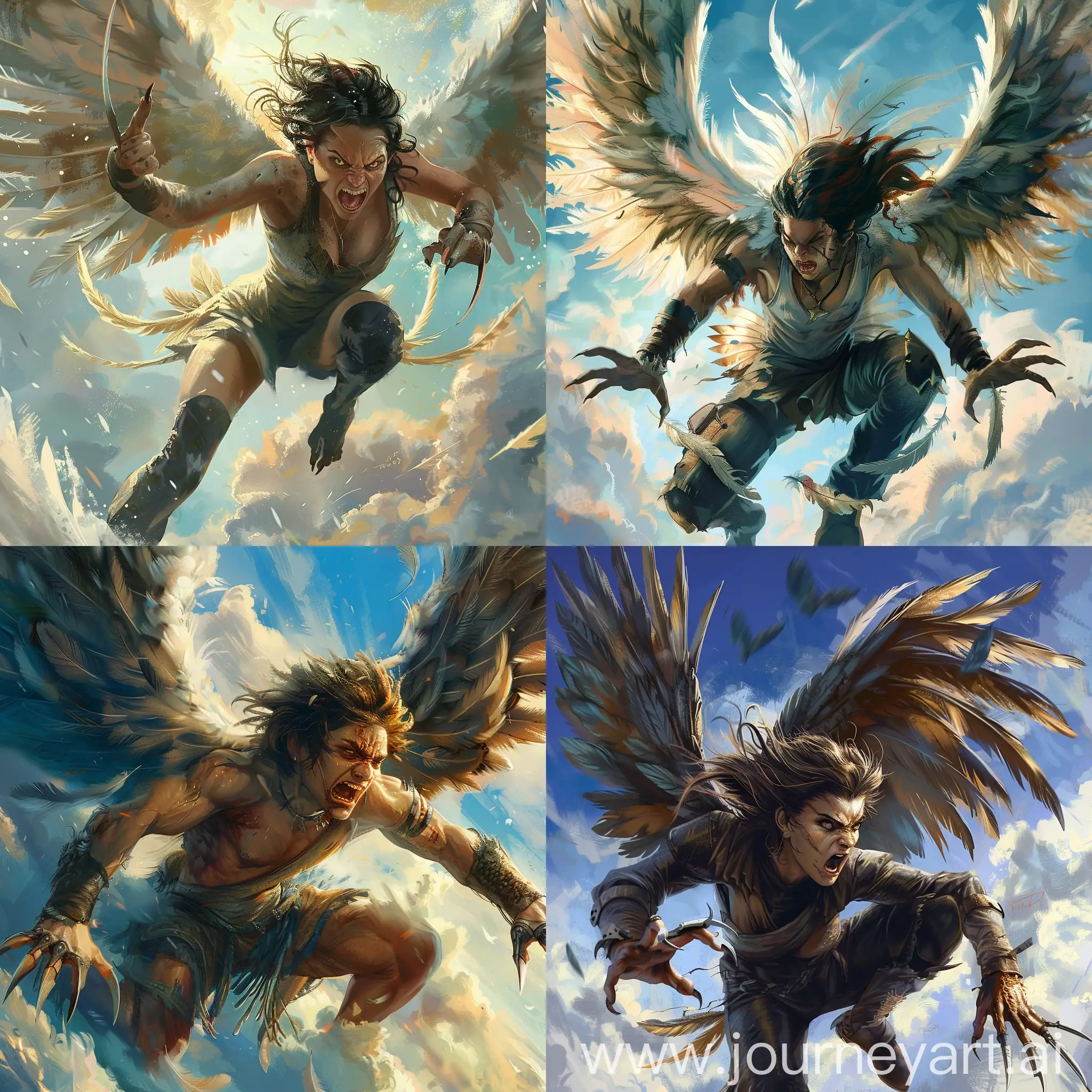 человек с крыльями, с перьями, яростная, злая, боевая поза, летает в небе, бьёт когтями, стиль фентези