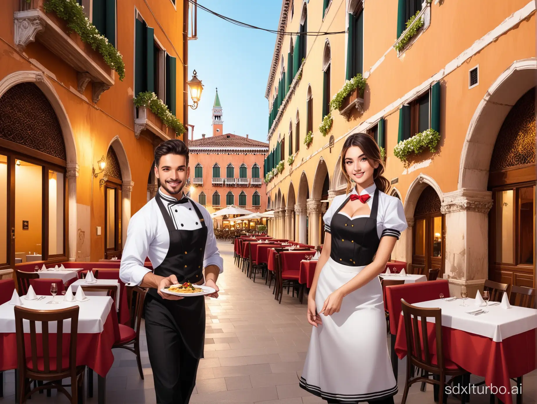 Venice in Italy restaurant and waitress