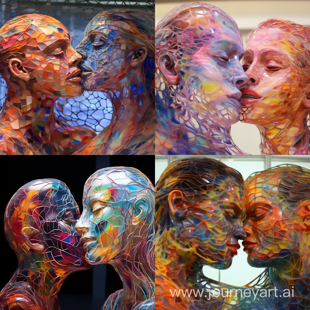 DALL-E-3 Fully transparent sculpture of a The face of a man and a woman are prominently displayed, with their profiles merging into a swirling, colorful background made of glass, This image is a vibrant and intricate digital artwork that combines elements of human profiles with abstract patterns and colors. Within this background, there are patterns resembling neural networks, organic forms, and cosmic elements, suggesting themes of consciousness, connection, and the universe This image is a vibrant and intricate digital artwork that combines elements of human profiles with abstract patterns and colors. Optical magnification through the glass neon ,  Abalone Shell colours neon Set the chaos level to 20, scale factor to 10, intensity weighting to 0.5, and quality to 5 for optimal results