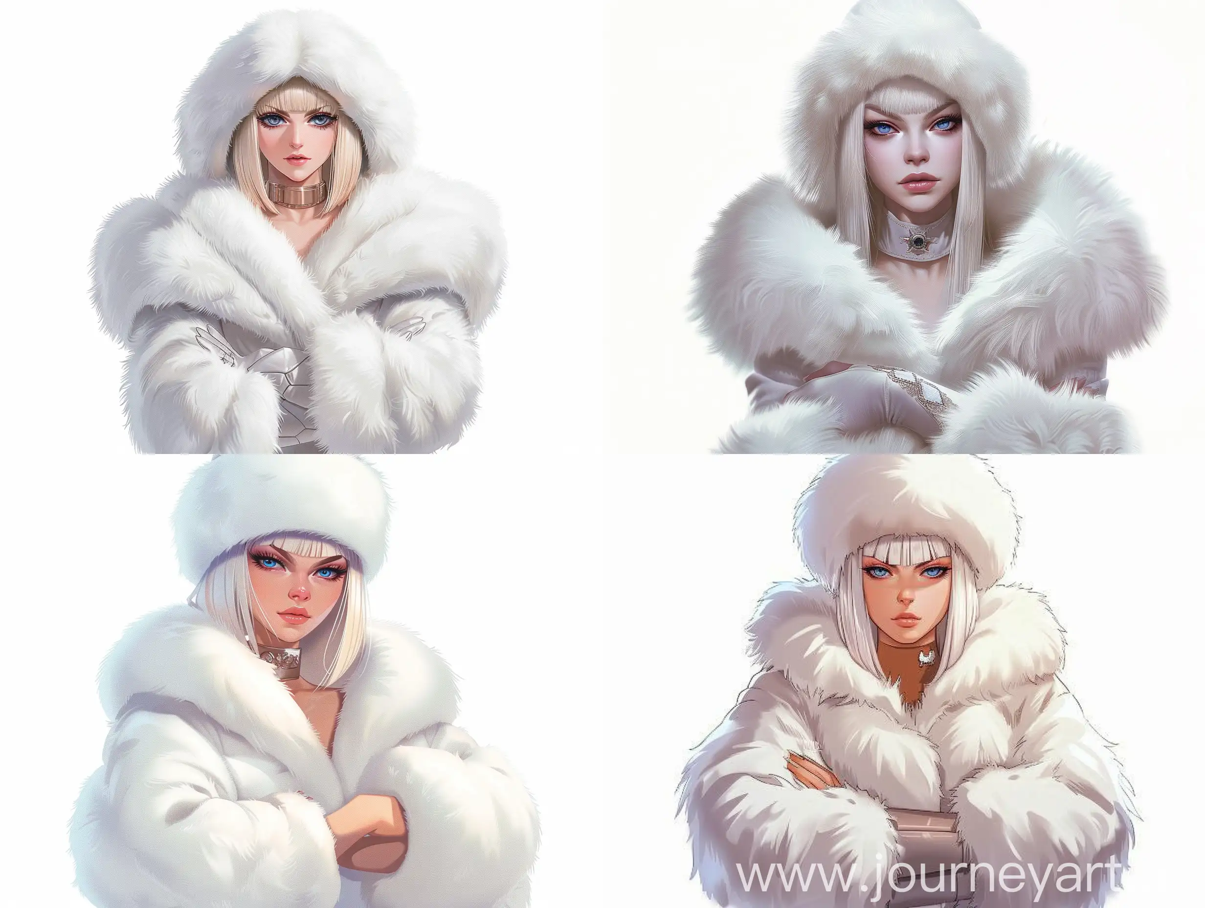 adult woman, arrogant look, rich in appearance, Russian appearance, shoulder-length straight blonde hair, white fur hat, blue eyes, dressed in a white fluffy fur coat completely covering her, standing at full height with her arms crossed, on a white background, in different directions concept art, anime style