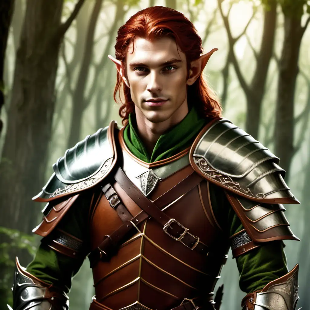  wood elf male, handsome, fantasy, medium tan skin, waist long dark ginger hair, muscular, brown eyes, kings guard, green and silver elven armor, kind, happy, 
