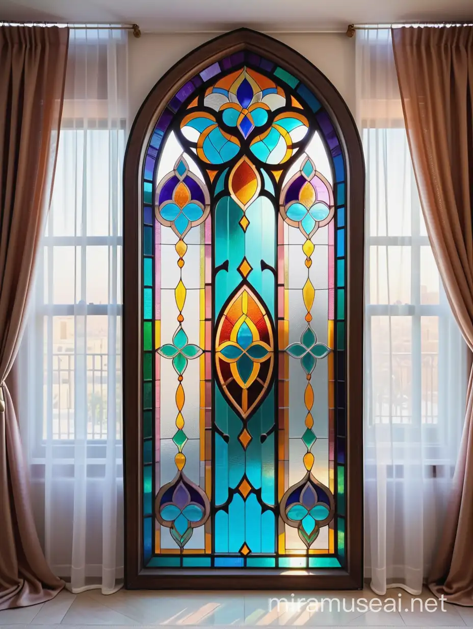 витраж  на окне, из цветного стекла тиффани, в арабском стилена фоне штор из белой органзы
