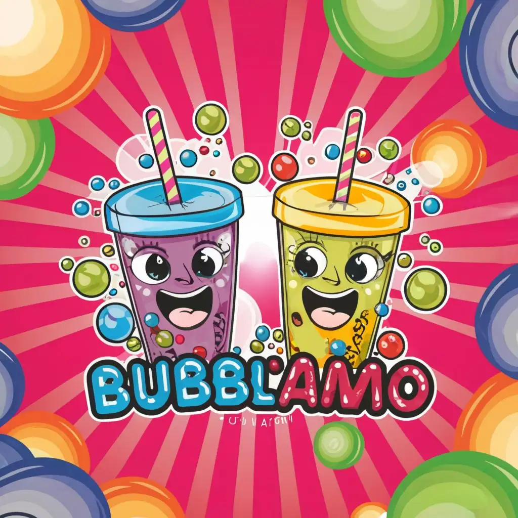 Create logo for bubble tea with two plastic bubble tea cups tilted with straw with colored liquid full of colored balls with two balls inside with surprised face with background of multicolored light colored balls the writing "Tel Ch! " at the top and the writing BubbliAMO at the bottom, with the text "TEL CH!", typography, be used in bar and shop bubble tea