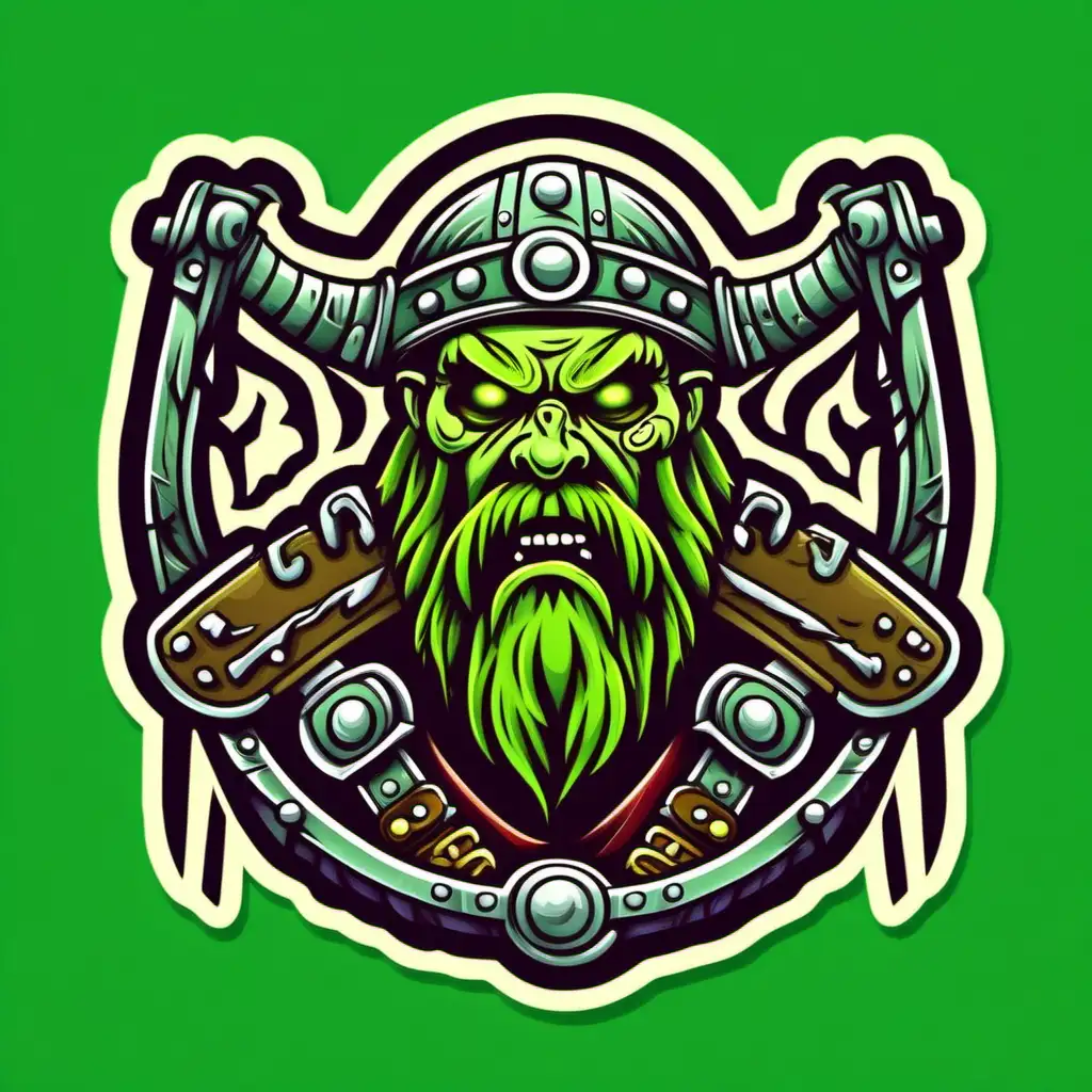 zombie viking sticker. use cartoon style. use solid green background. Do not use color gradients
