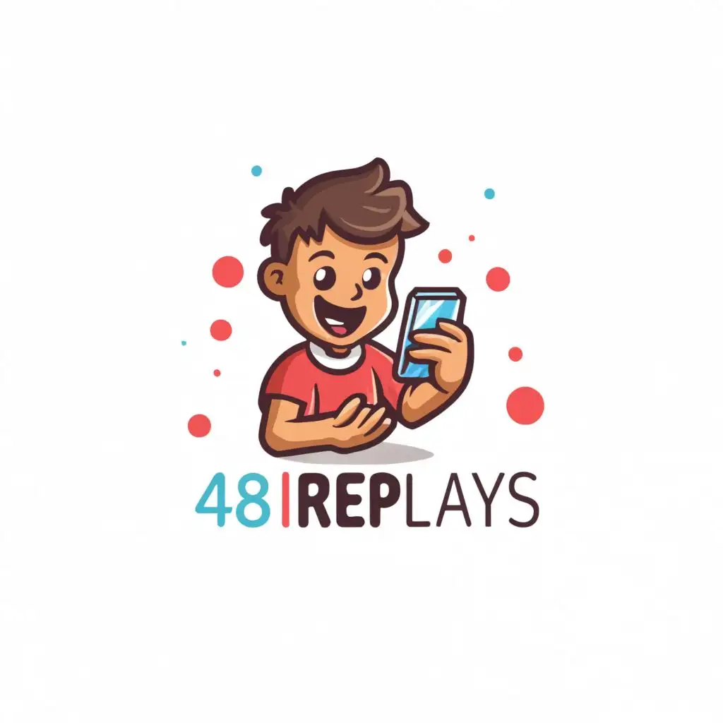 a logo design, with the text '48 Replays', main symbol: a smiling child is on a cellphone and below it are the words 48Replays, complex, clear background color: red and white