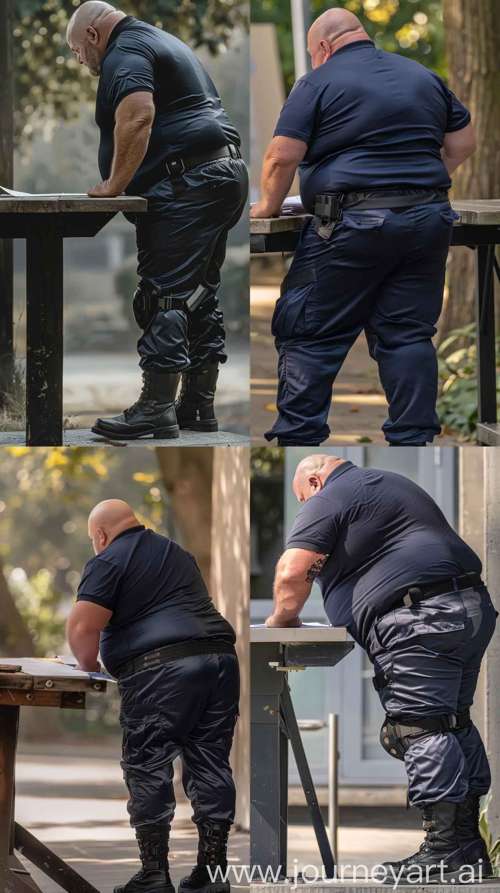 Close-up full body back view photo of a very fat man aged 60 standing next to a very high table. The man is wearing silk navy tight battle pants tucked in black tactical boots, he has a tucked in silk navy sport polo shirt and a black tactical belt. The man is standing straight and leaning forward on both hands placed on the table looking at a paper. Outside. Bald. Clean Shaven. Natural light. --ar 9:16