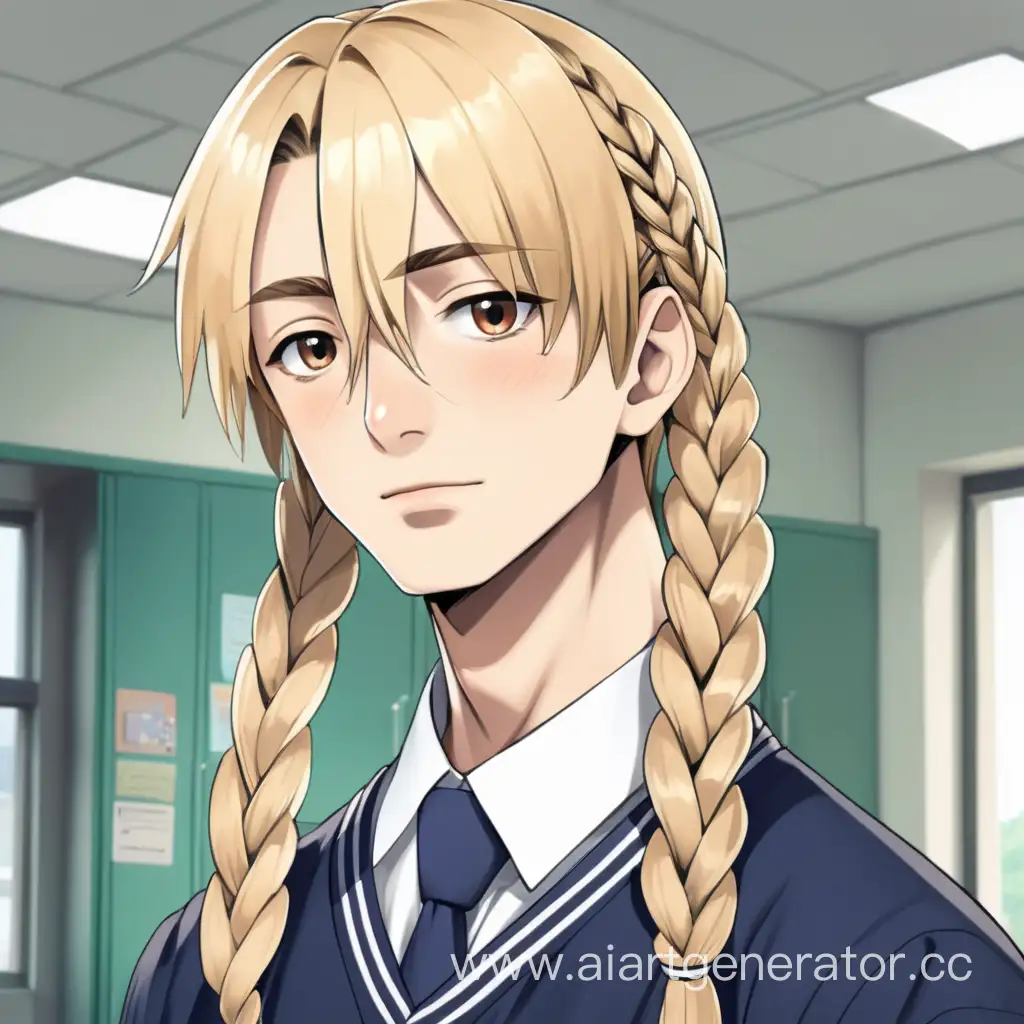 Guy with long blonde hair tied into braid. Wears school uniform clothes