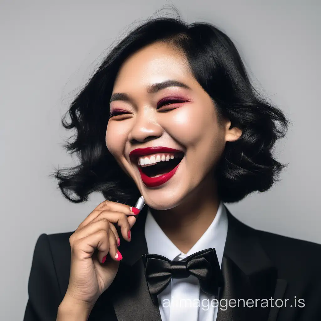 a giggling Filipino woman with shoulder-length hair and lipstick wearing a tuxedo