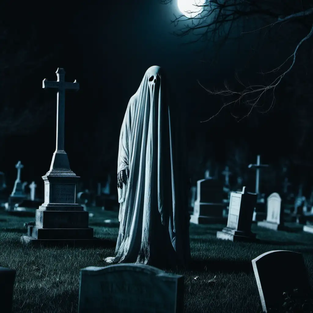 Eerie Ghost Haunting a Dark Cemetery at Midnight