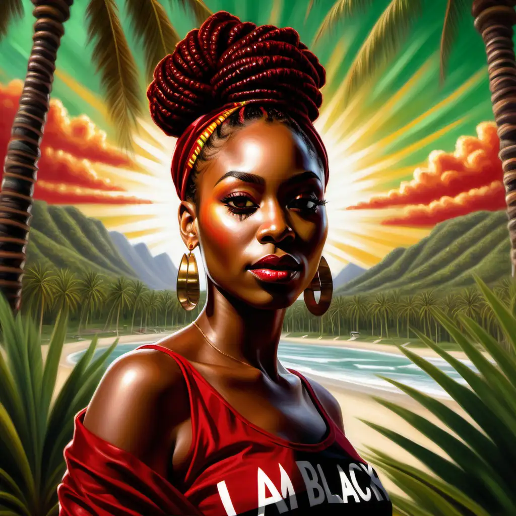 A digital radiance, polished realistic oil painting of a beautiful African American woman wearing red,black, gold and green top, locs neatly in a bun, prominent lashes, flawless makeup. the words "I AM BLACK HISTORY " ( spelt correctly) written on her back. palm trees and sunshine in the background.