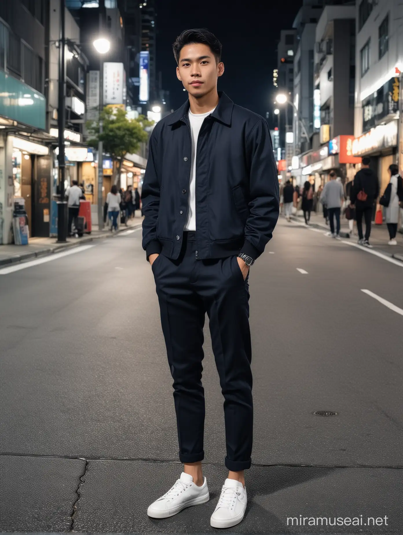 A handsome Indonesian young man wearing a plain navy jacket, black trousers and white shoes.  The young man took photos in Osaka City at night.  8K HD quality, original photo.