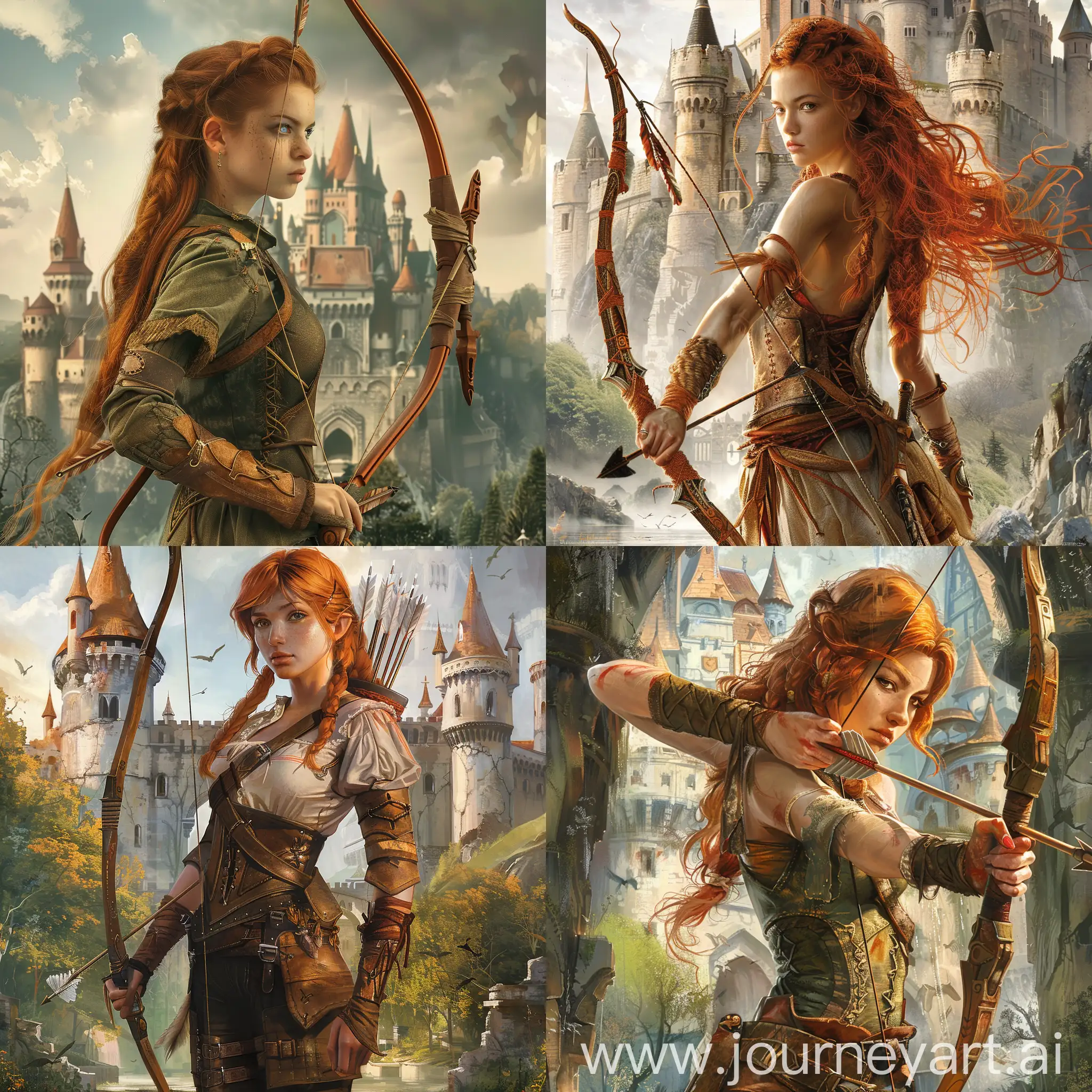 a redhead archer girl, standing in front of the castle with a bow. front view, realistic