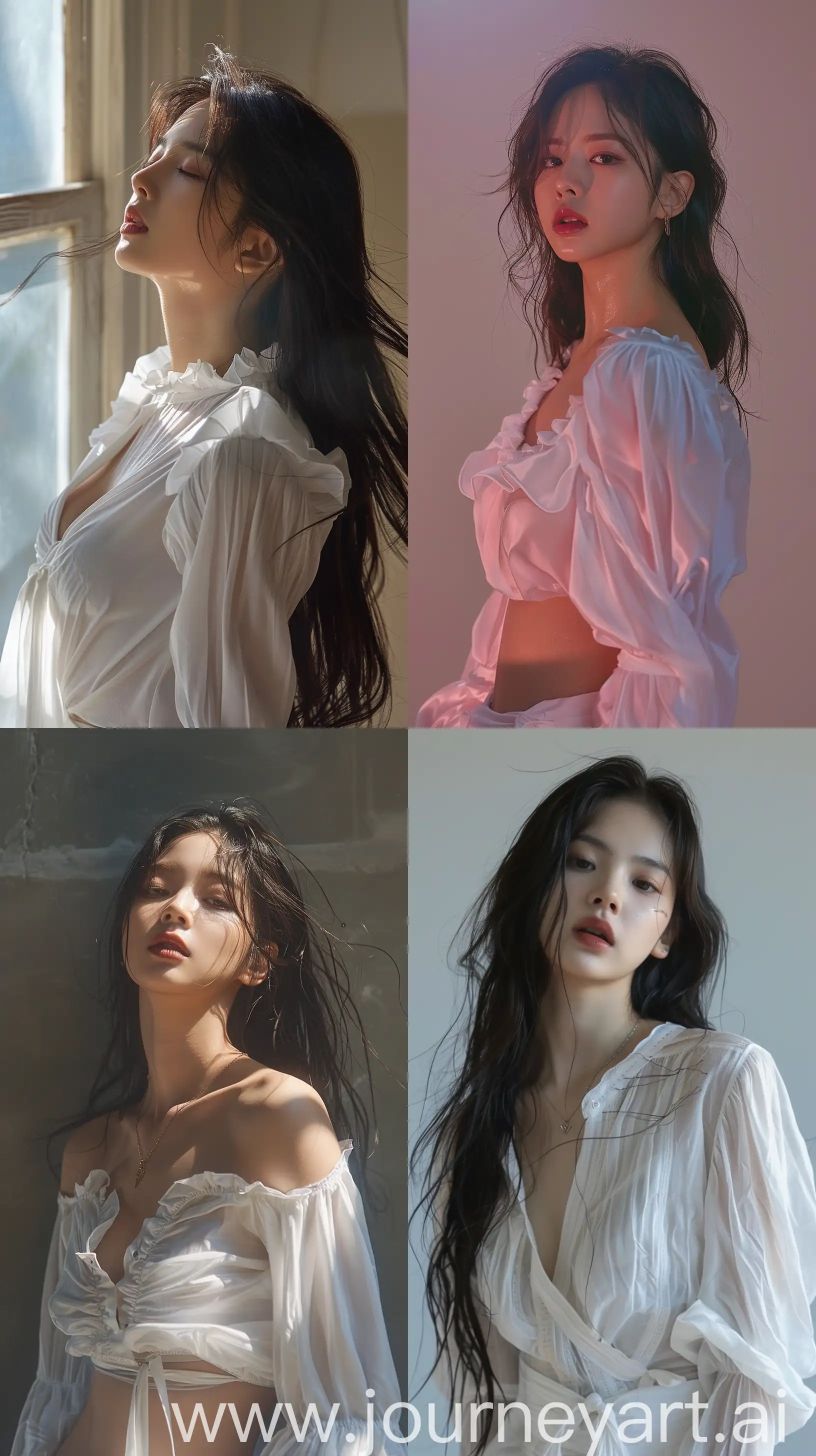 a standing profile blackpink's jennie, wearing white simple blouse,bared face --ar 9:16 --stylize 250