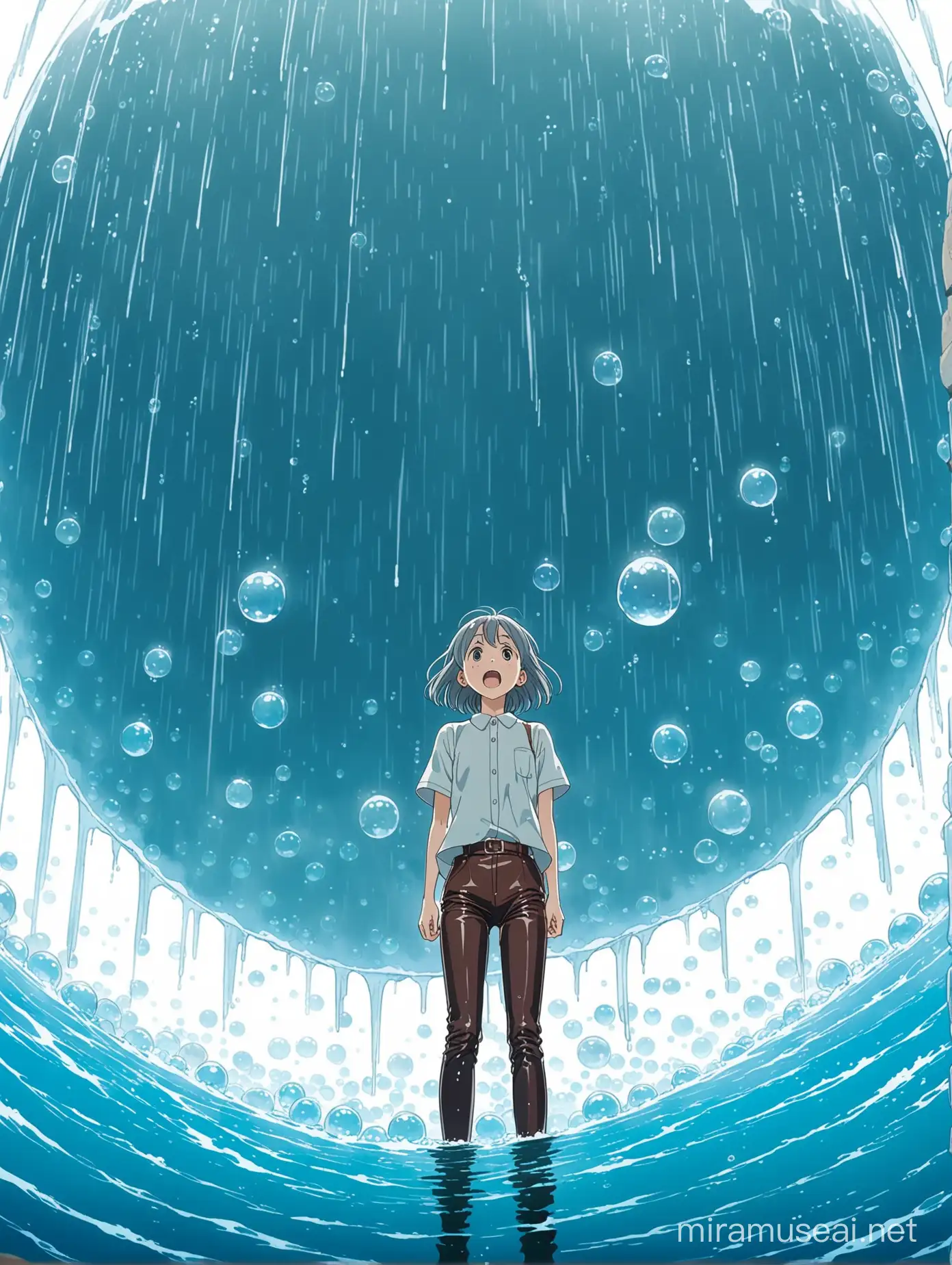 angular minimalist clean lines anime watercolor art of crying screaming pretty boy with gray pixie hair and earrings wearing loose lace school blouse and tight shiny leather pants leaning against a wall in the rain of giant water blobs, seen from below, white background, Studio Ghibli, Anime Key Visual, by Makoto Shinkai, Beautiful Composition