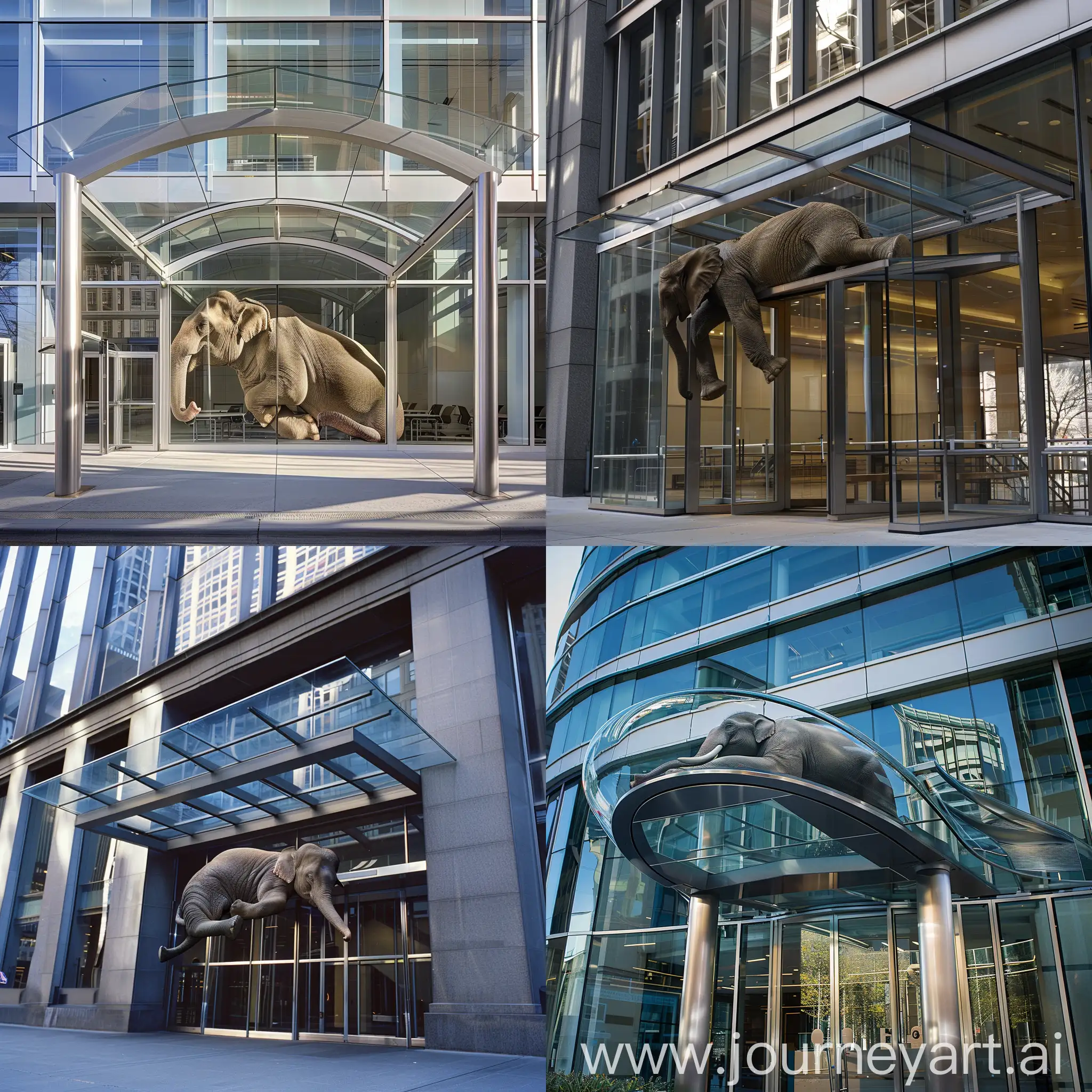 Glass canopy over the entrance to an office building. A live elephant lies on its stomach on the visor