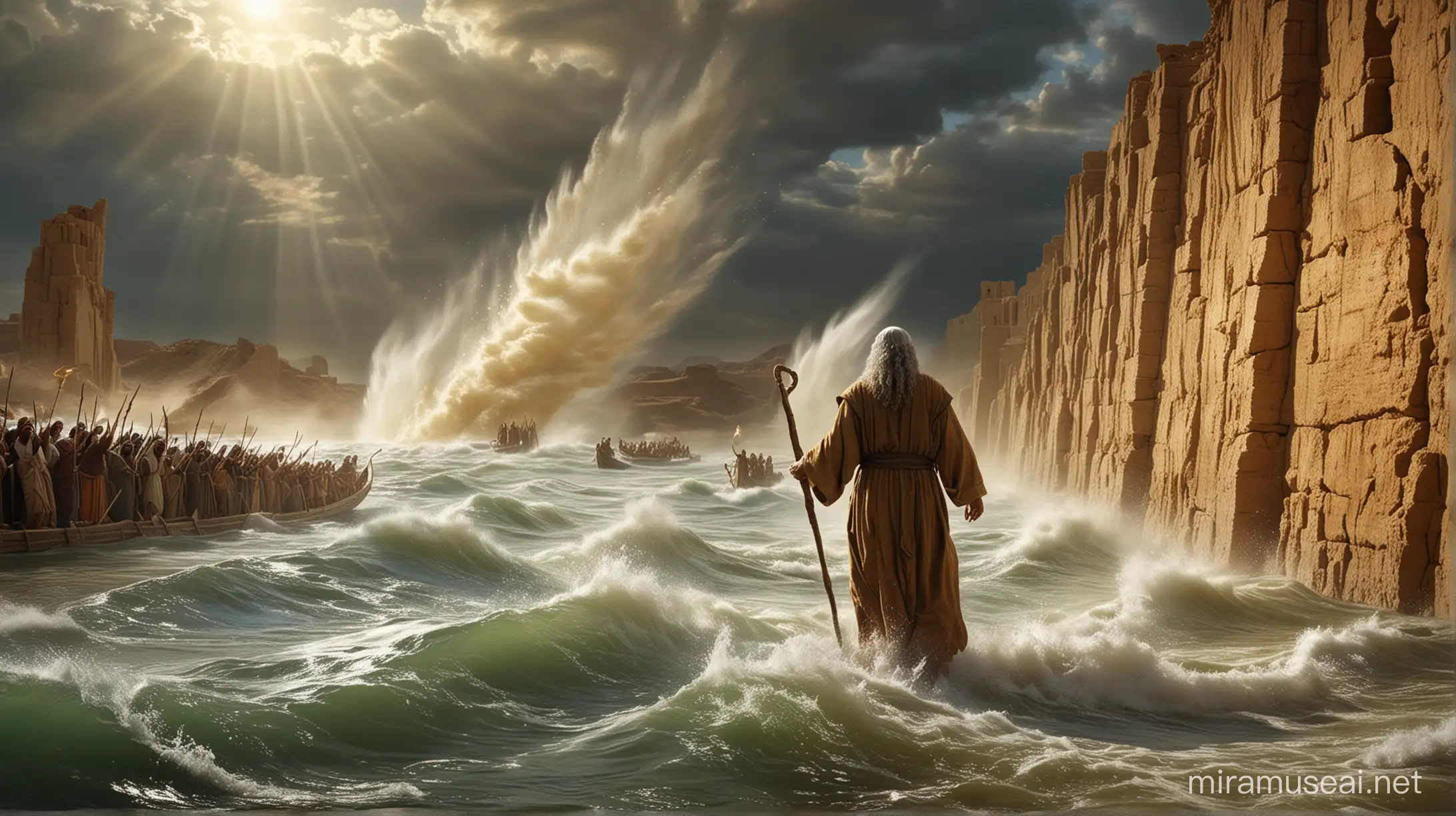 Create a vivid scene depicting Prophet Moses parting the sea, with towering walls of water on either side and the Israelites crossing the dry seabed, guided by a pillar of fire or cloud. Capture the awe-inspiring moment as Moses raises his staff, commanding the waters to split, and convey the emotions of hope, faith, and divine intervention