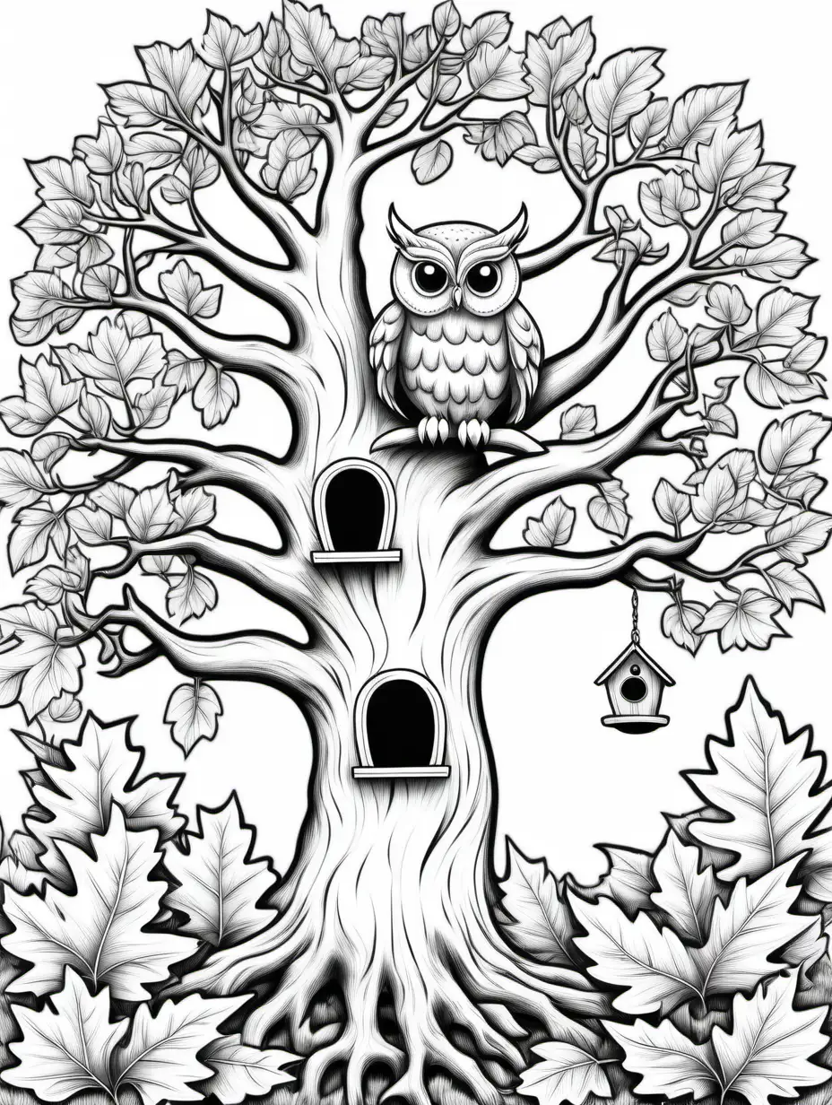 hollow oak tree with cozy owl house coloring book,  individual leaves black and white, no shading, no background, thick black outline