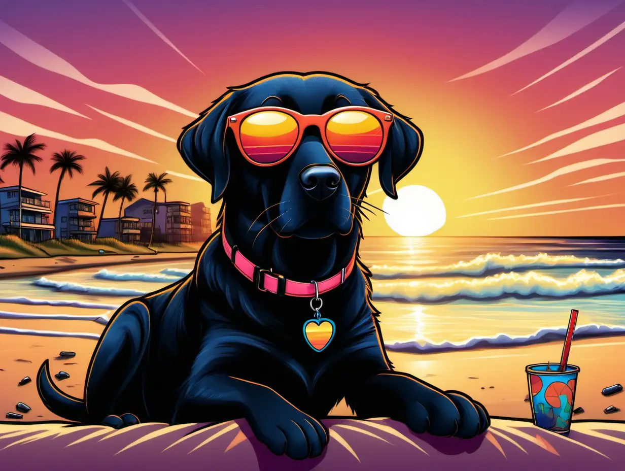 a cartoon cool black labrador retriever wearing wayfarer sunglasses, chilling at the beach with a sunset, vibrant color, in the style of Gerard Murphy