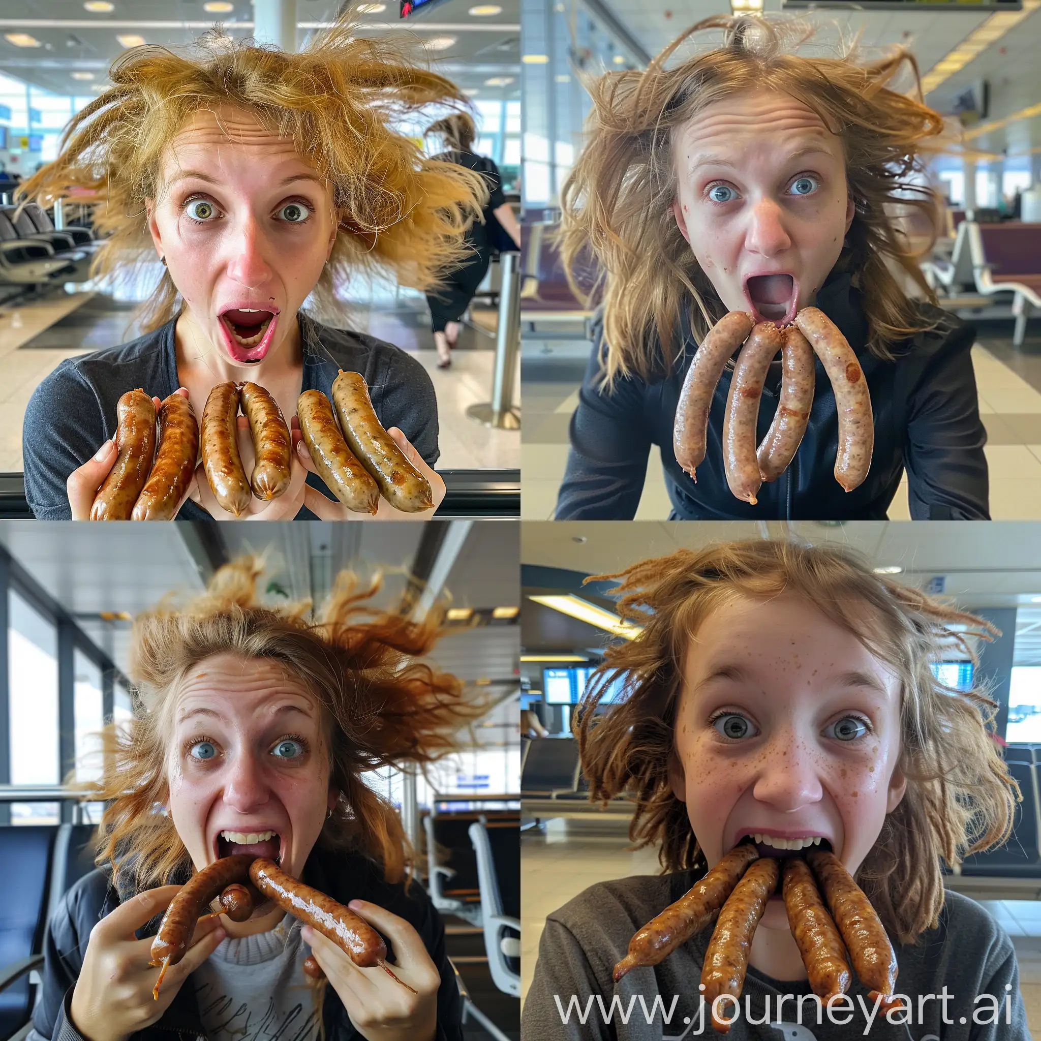 A starving girl with crazy hair after eating 3 sausages at the airport