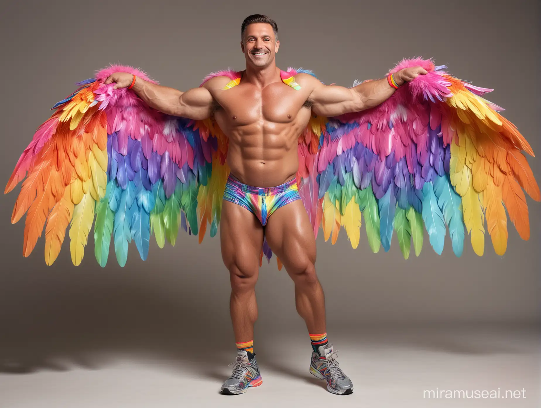 Full Body to feet Topless 40s Ultra Chunky Bodybuilder Daddy with Great Smile wearing Multi-Highlighter Bright Rainbow with white Coloured See Through Huge Eagle Wings Shoulder Jacket Short shorts left arm up Flexing