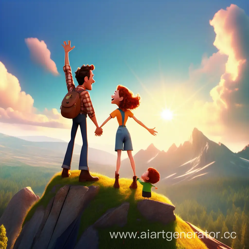 "мужчина и женщина стоят в вершине горы и радуются, светит солнце " в стиле pixar