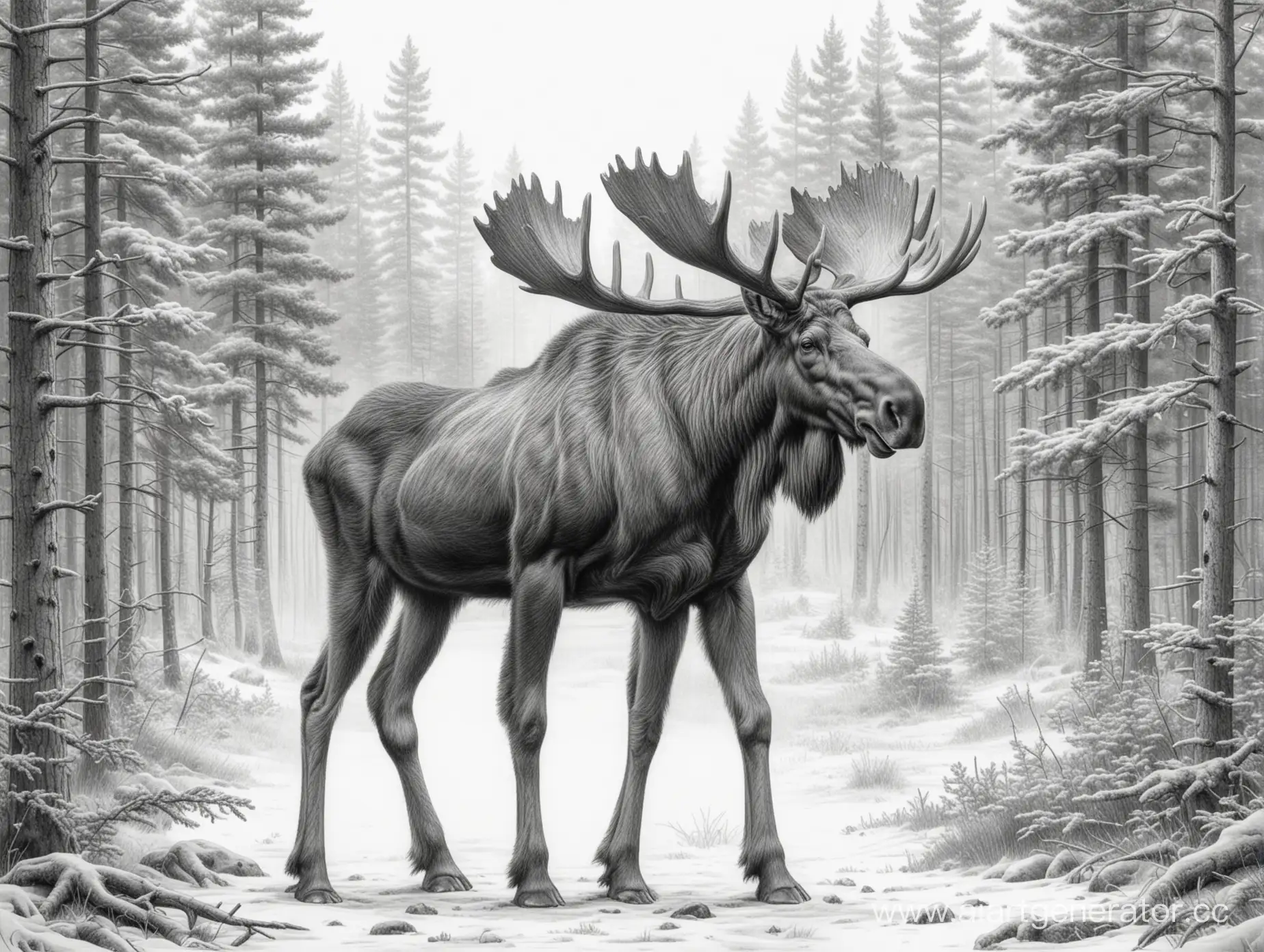 Detailed-Realistic-Pencil-Drawing-of-FullHeight-Moose-in-Fir-and-Pine-Environment