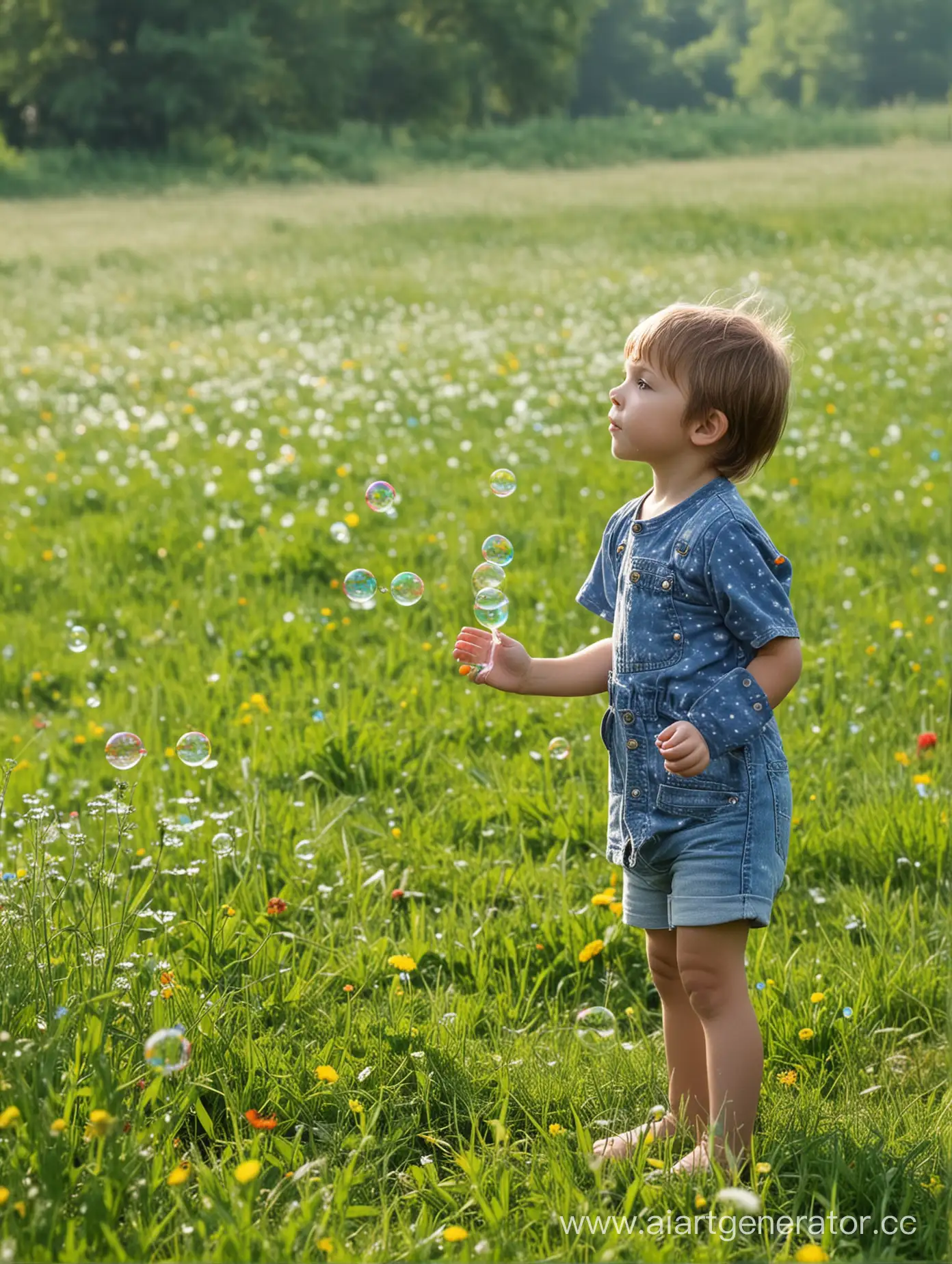ребенок вдалеке дует мыльные пузыри на поляне