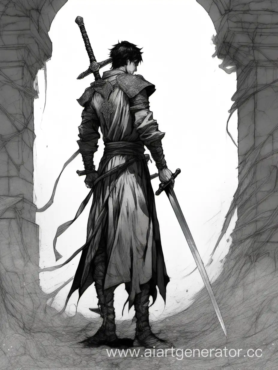 Парень с длинным мечем стоит спиной, поллшив меч на спину
