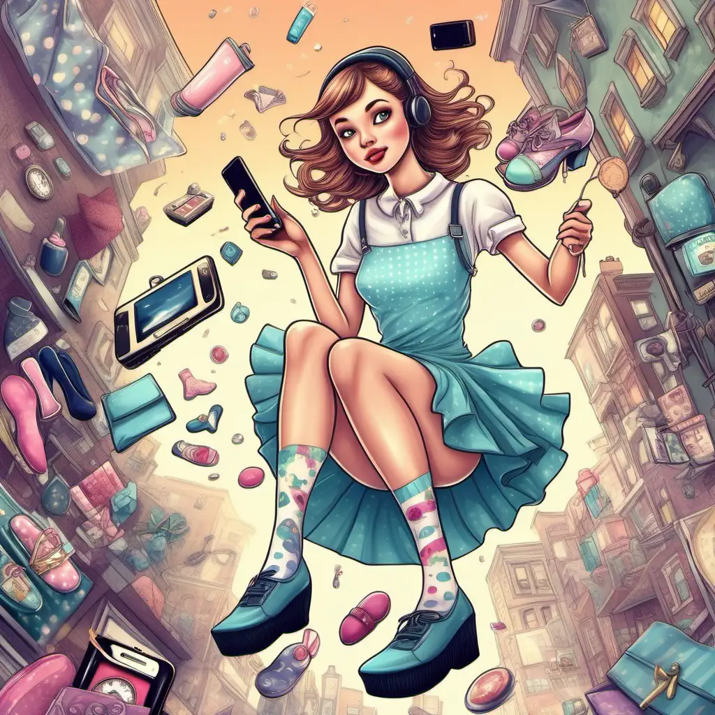 CARTOONISH, socks, dresses, panties, high hill shoes, cosmetics, phone, flying in the air