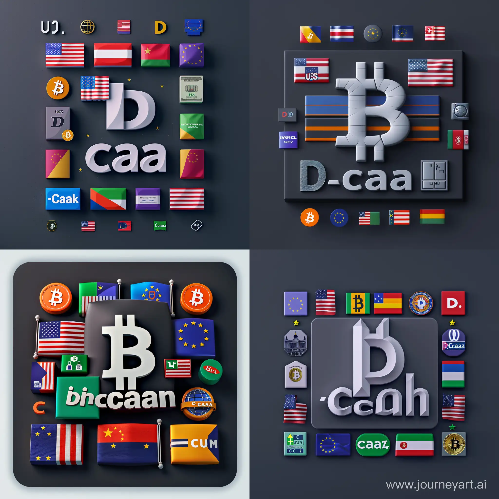 /imagine prompt: A square image featuring a 3D D-Cash logo, inspired by the Bitcoin symbol with two horizontal stripes above and below the letter "D". "Cash" in volumetric text in front, surrounded by American and European banking system elements, including major bank logos and banking service icons. Flags of the USA and EU subtly integrated, set against a dark background. Modern, clean, professional style, bright bank logos for contrast. Created Using: 3D modeling, digital illustration, graphic design, bright color contrasts, shadow and light play, high-resolution rendering, modern typography, professional branding, hd quality, natural look --ar 1:1 --v 6.0