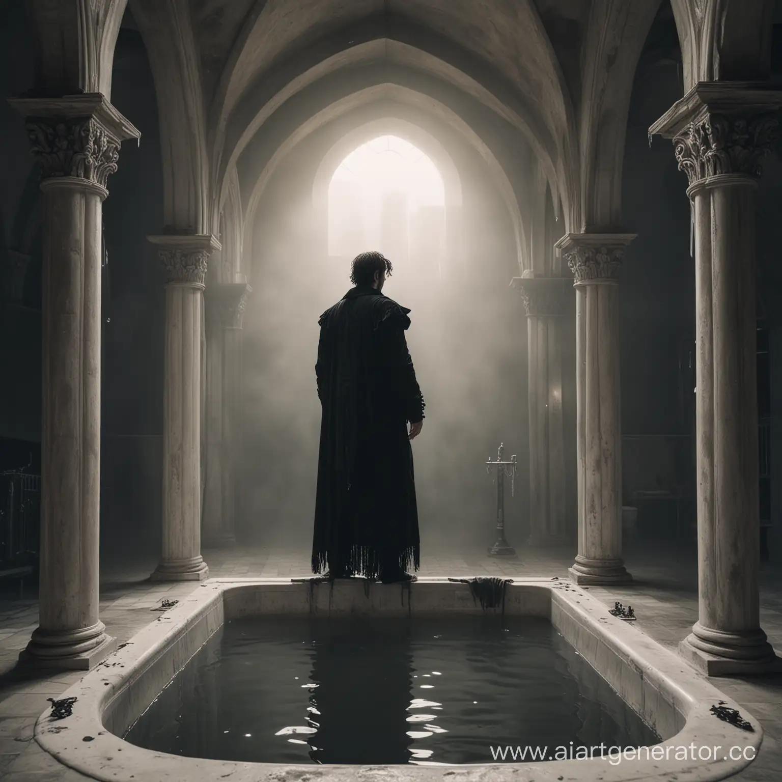 загадочный человек стоит в ванне готического стиля 
