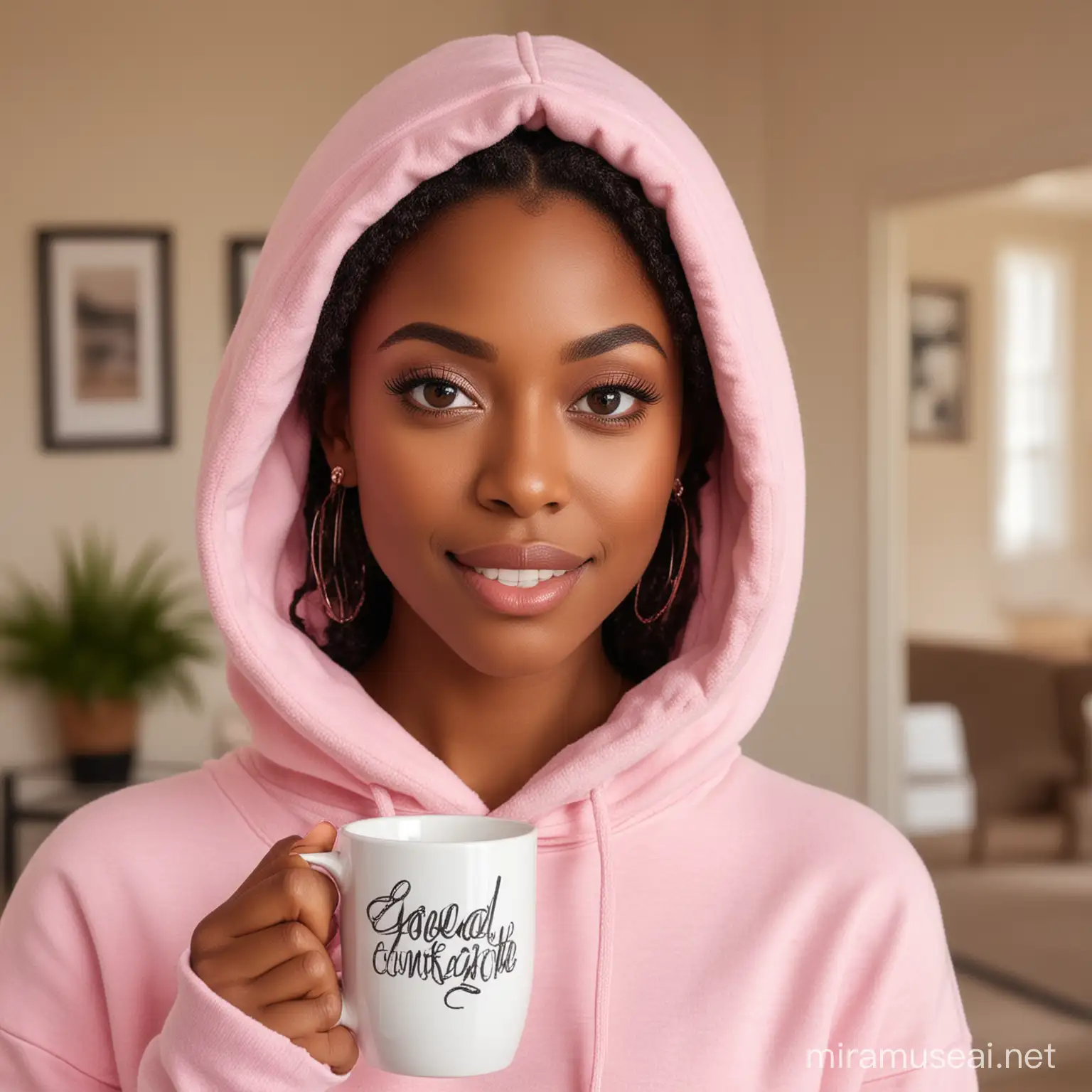 Elegant Black Woman in Pink Hoodie with GOOD ENOUGH Mug in Sophisticated Living Room