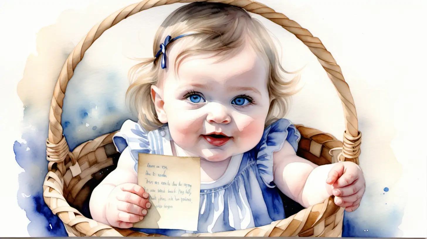 A watercolour fairytale painting of a 1 yr old baby girl with darkblond hair and blue eyes in a basket holding a note
