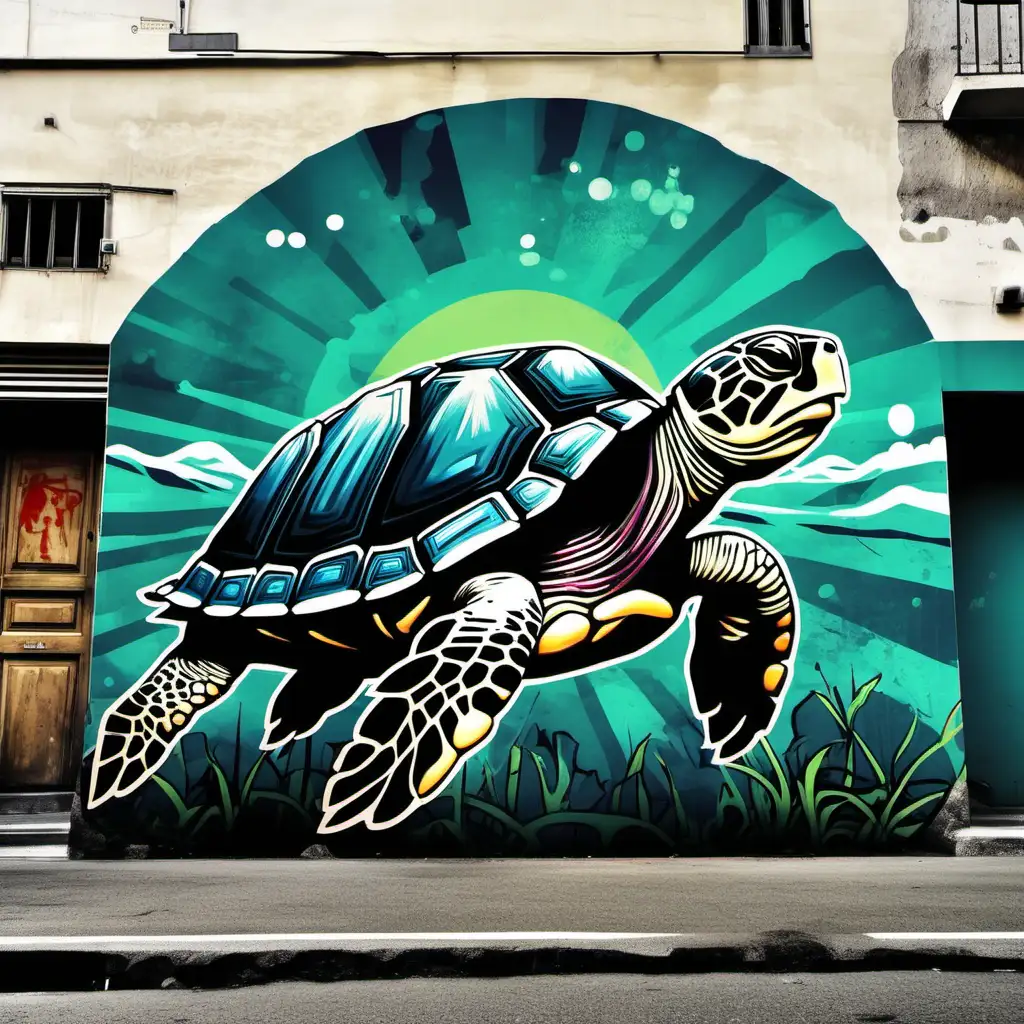 Colorful Street Art Style Turtle Amongst Mountainous Landscape