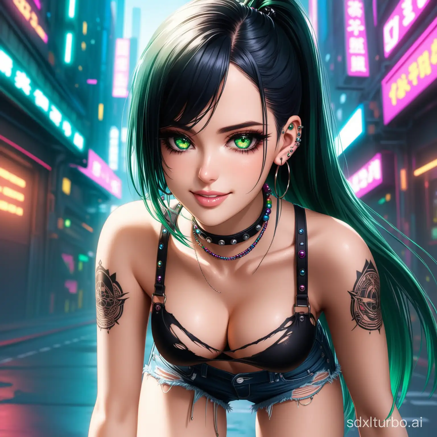 Busty Eva Green,gyaru,underboob,masterpiece,best quality,ultra detailed,high-resolution,8k,style raw,detailed beautiful face and eyes,cute smiling,outdoor,leaning forward,inner thigh,1girl,solo,long hair,ear piercing,earrings,bangs,very long hair,cyberpunk style haircut,eyelashes,multiple tattoo,multiple piercings,gradient hair,swept bangs,green eyes,black choker,torn top,pocket,collared top,collarbone,jewelry,plaid top,short shorts,torn shorts,denim shorts,bead bracelet,mini shorts,32k,3d.