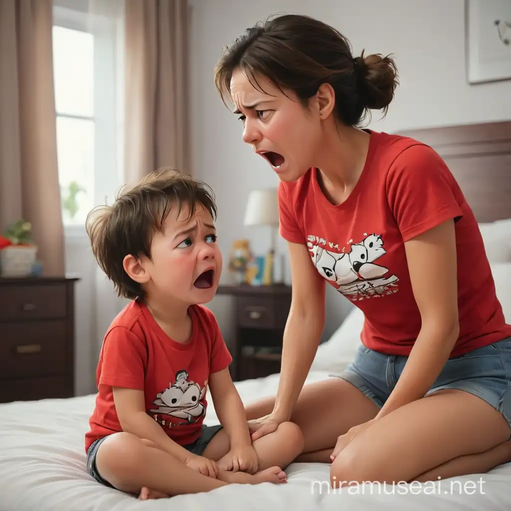 gambar anak kecil menangis dikamar sedang bertengkar sama ibunya di tempat tidur menggunakan kaos berwarna merah dan celana pendek