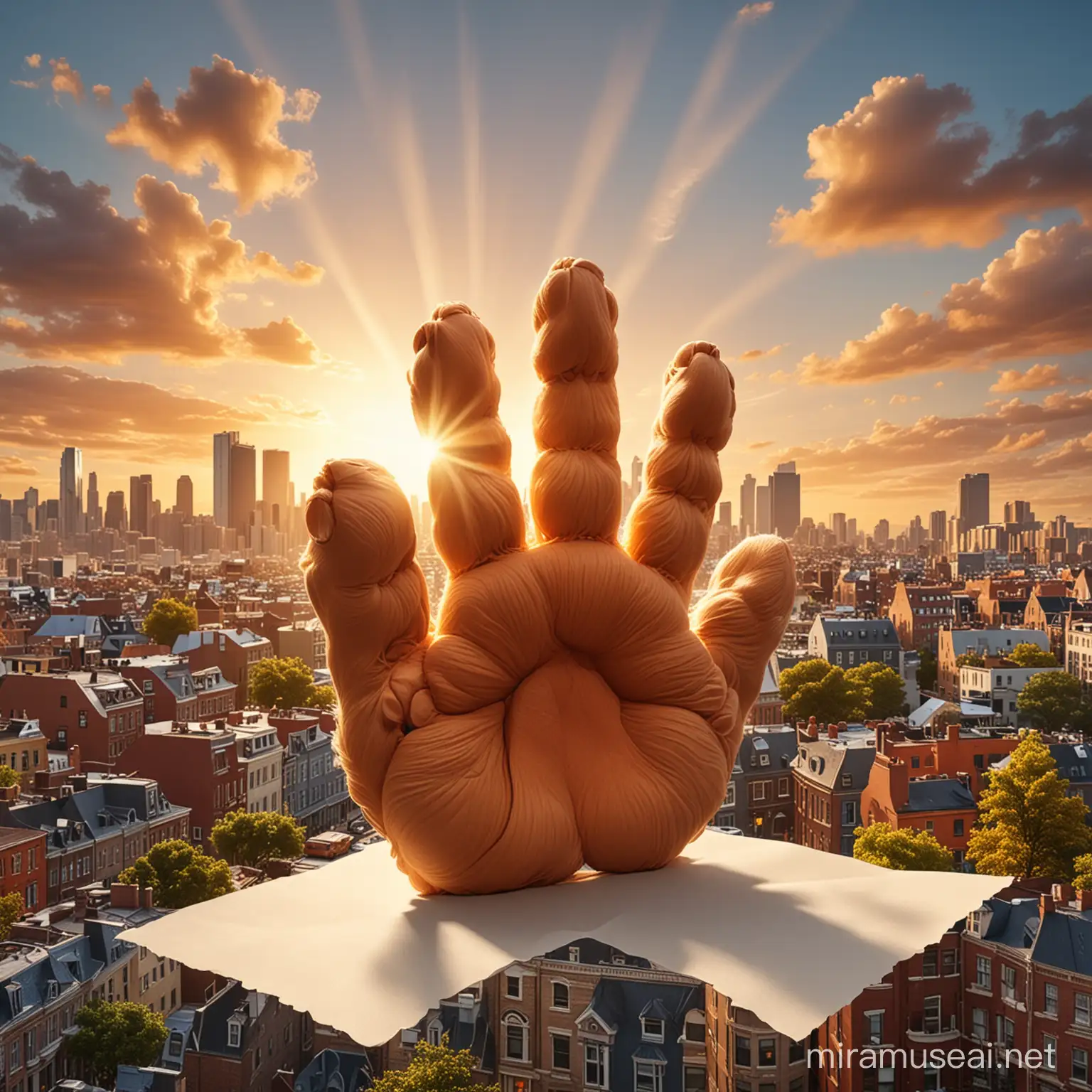 a realistic big real dog paw as divine/god emerging from sky with the sun behind in a big city are made up of paper in a paper shape and colors on the house should look like wonderland, macaroni as trees , city should look realistic and high detailed paper place
