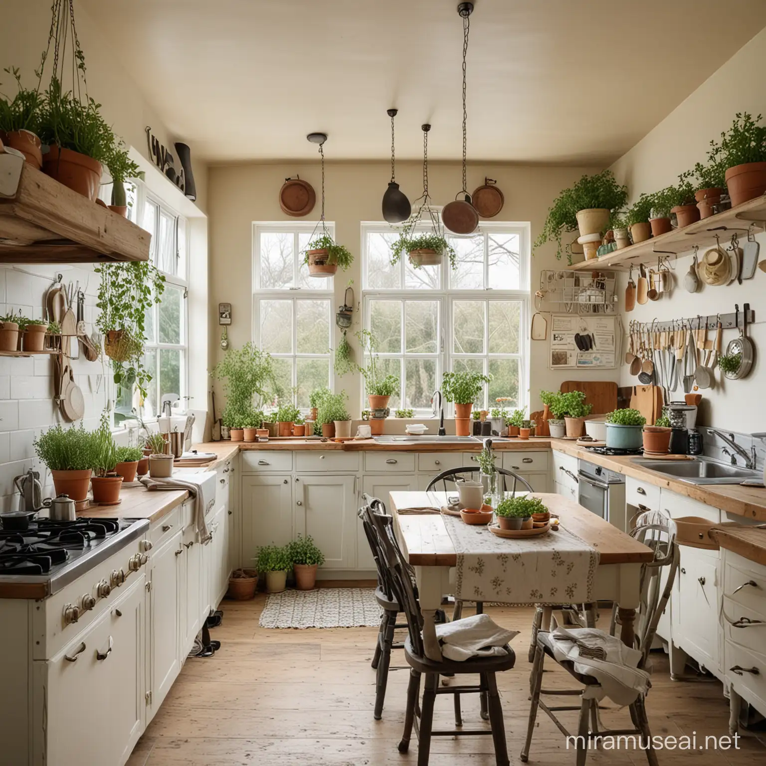 Cozy Cottage Kitchen with Hanging Herbs and Shabby Chic Style