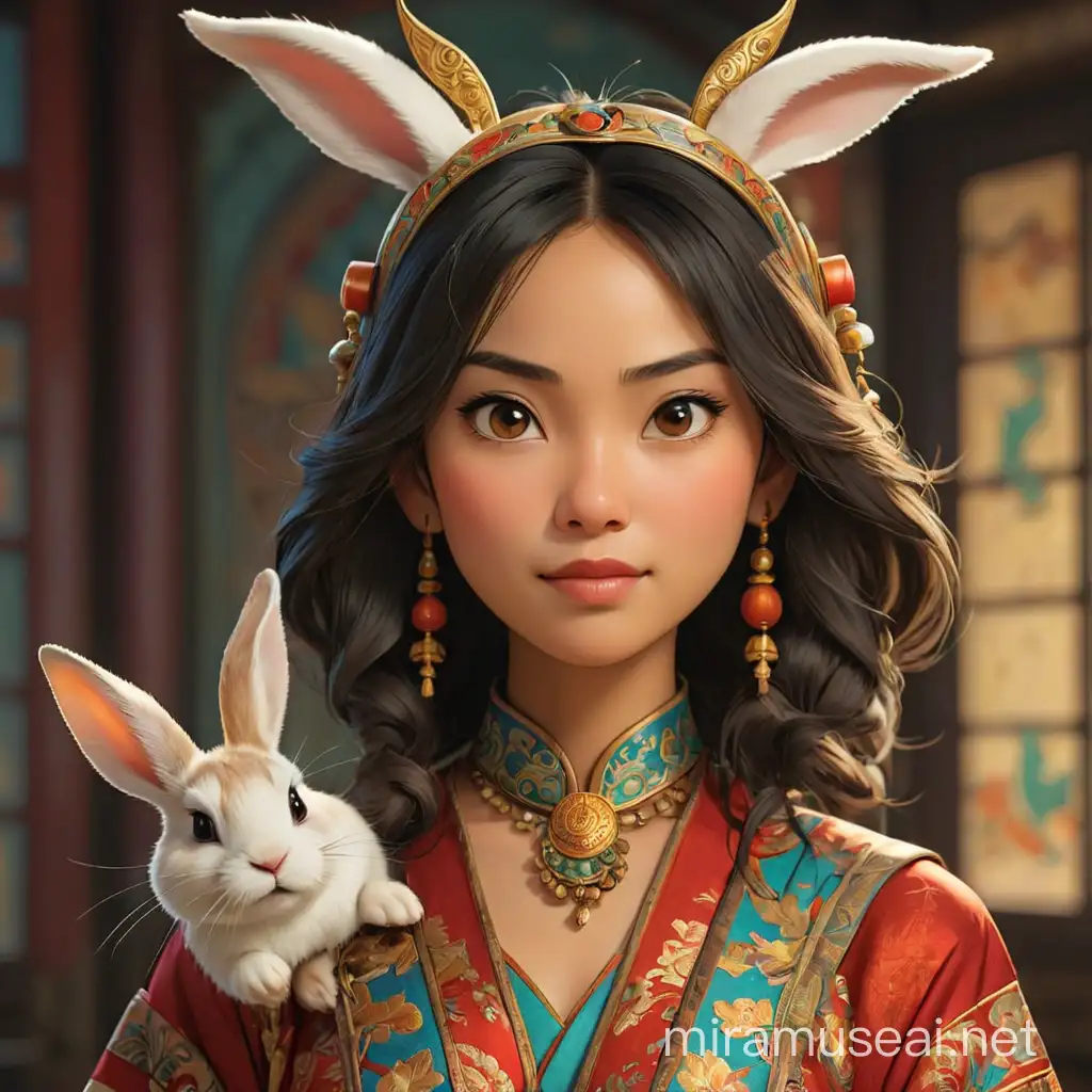 Majestic Oriental Woman with Rabbit Ears Symbol of Wisdom and Elegance