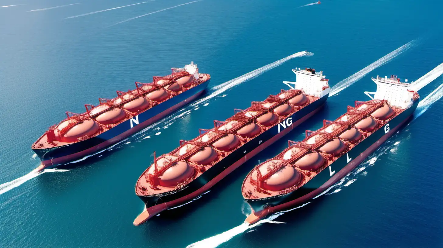 Five stunning lng ships following each other transporting oil and gas, as secondary background, during a bright day
