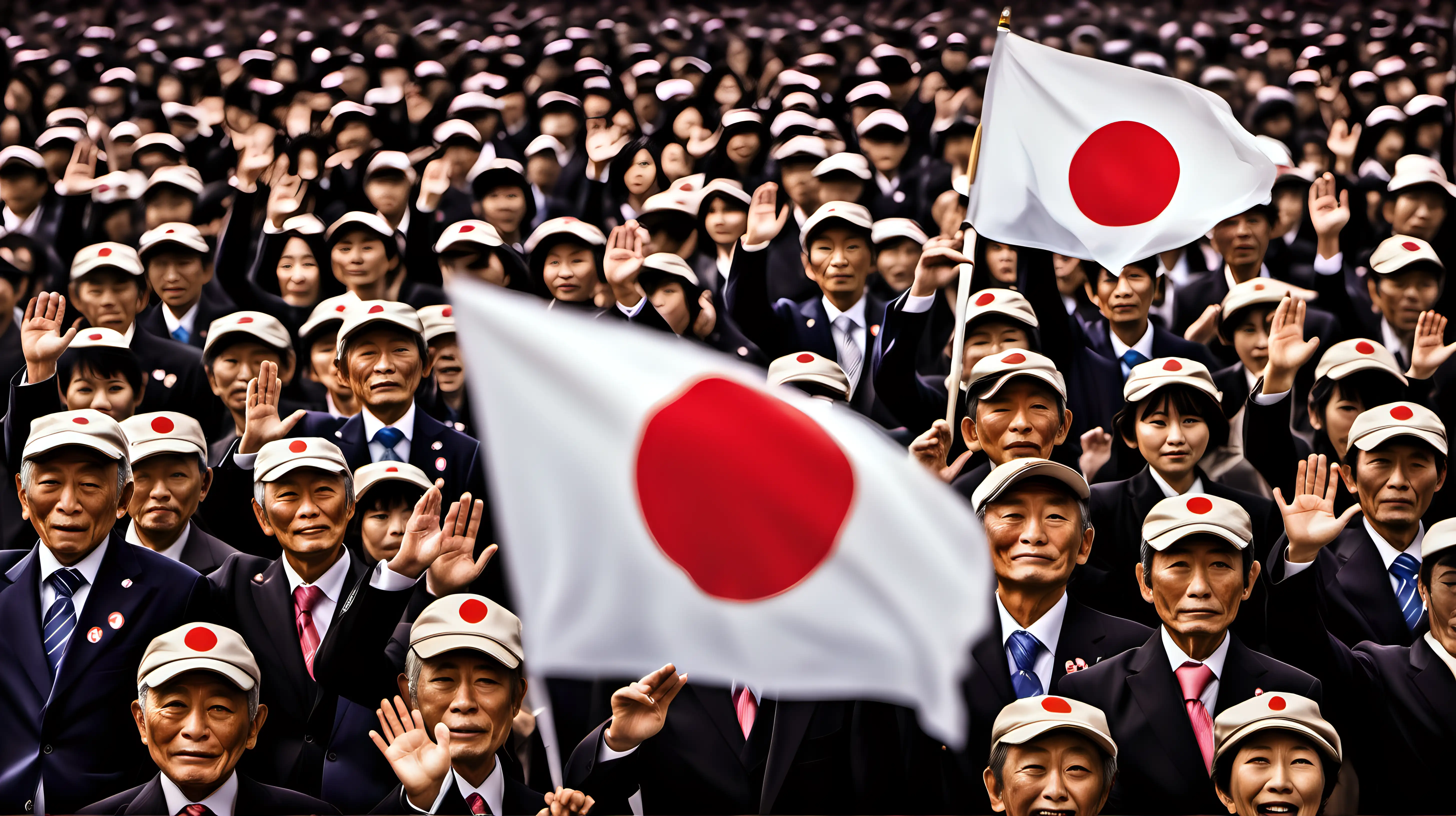 Capture a powerful moment of patriotism as an individual proudly waves the Japanese flag, their expression reflecting deep love and devotion for their homeland.
