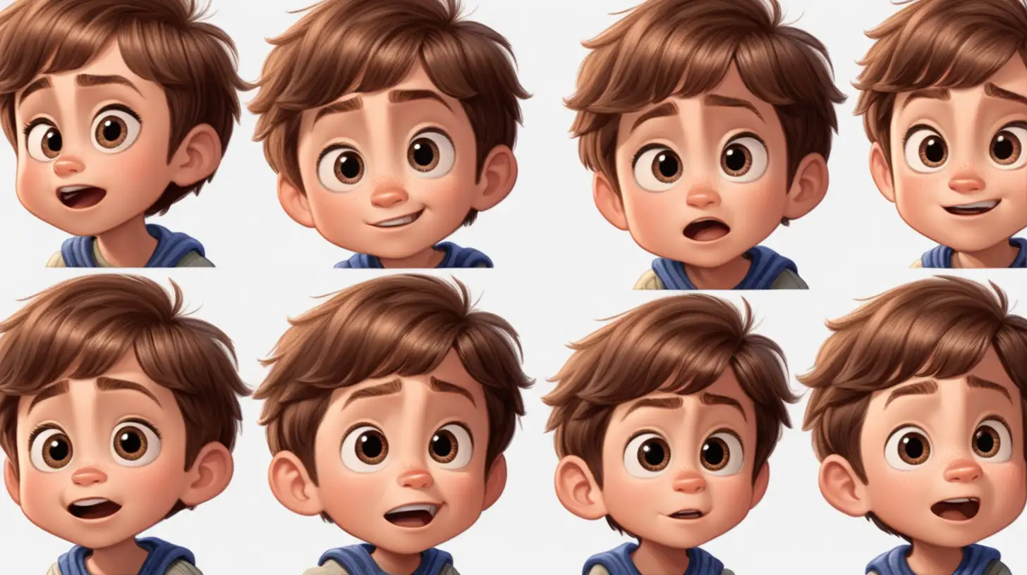 Marvels, 4 year old boy, short brown hair, light brown eyes, pixar style, cartoon characters, Multiple expressions. Multiple poses, Character sheet, full body