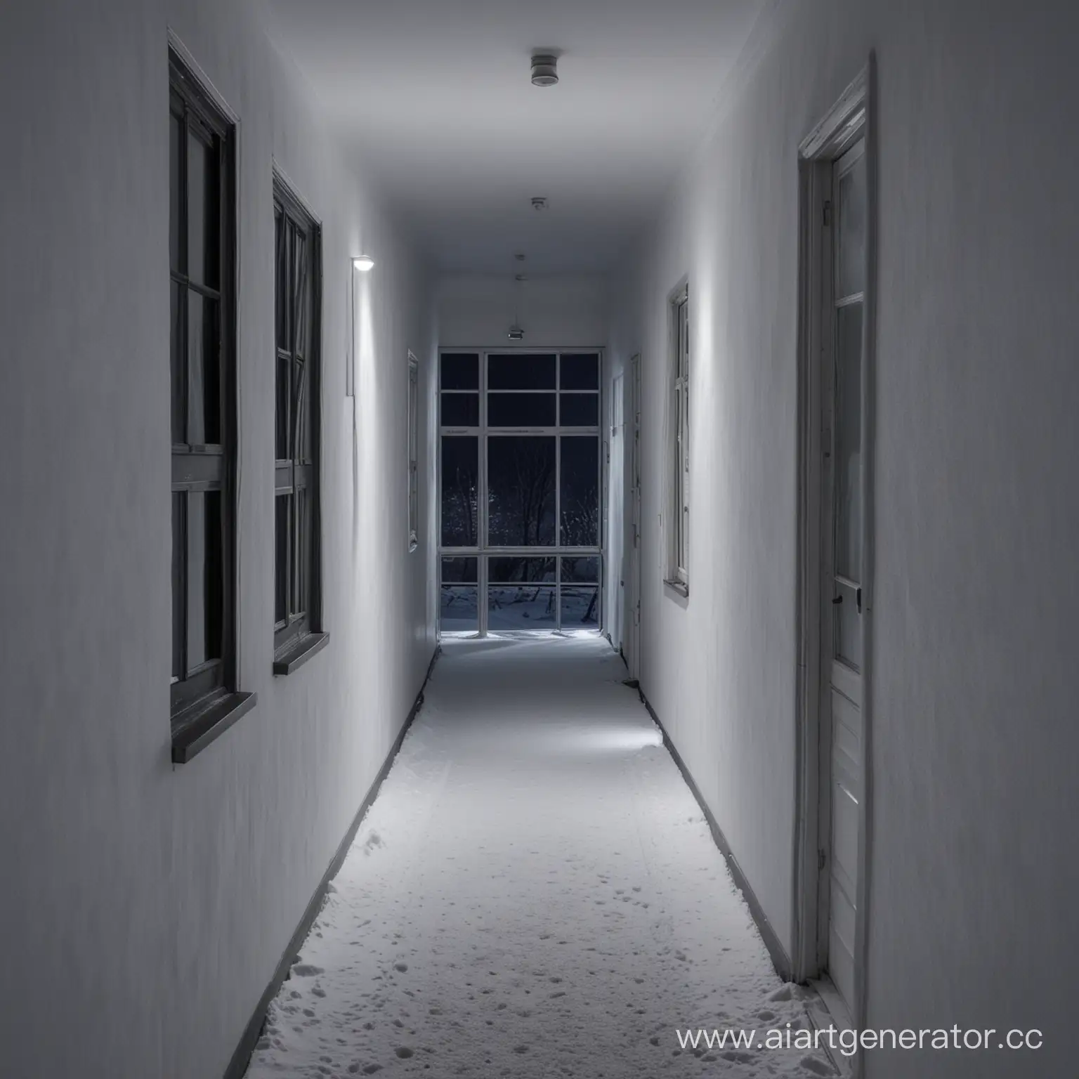 Nighttime-Winter-Scene-Through-a-Corridor-Window