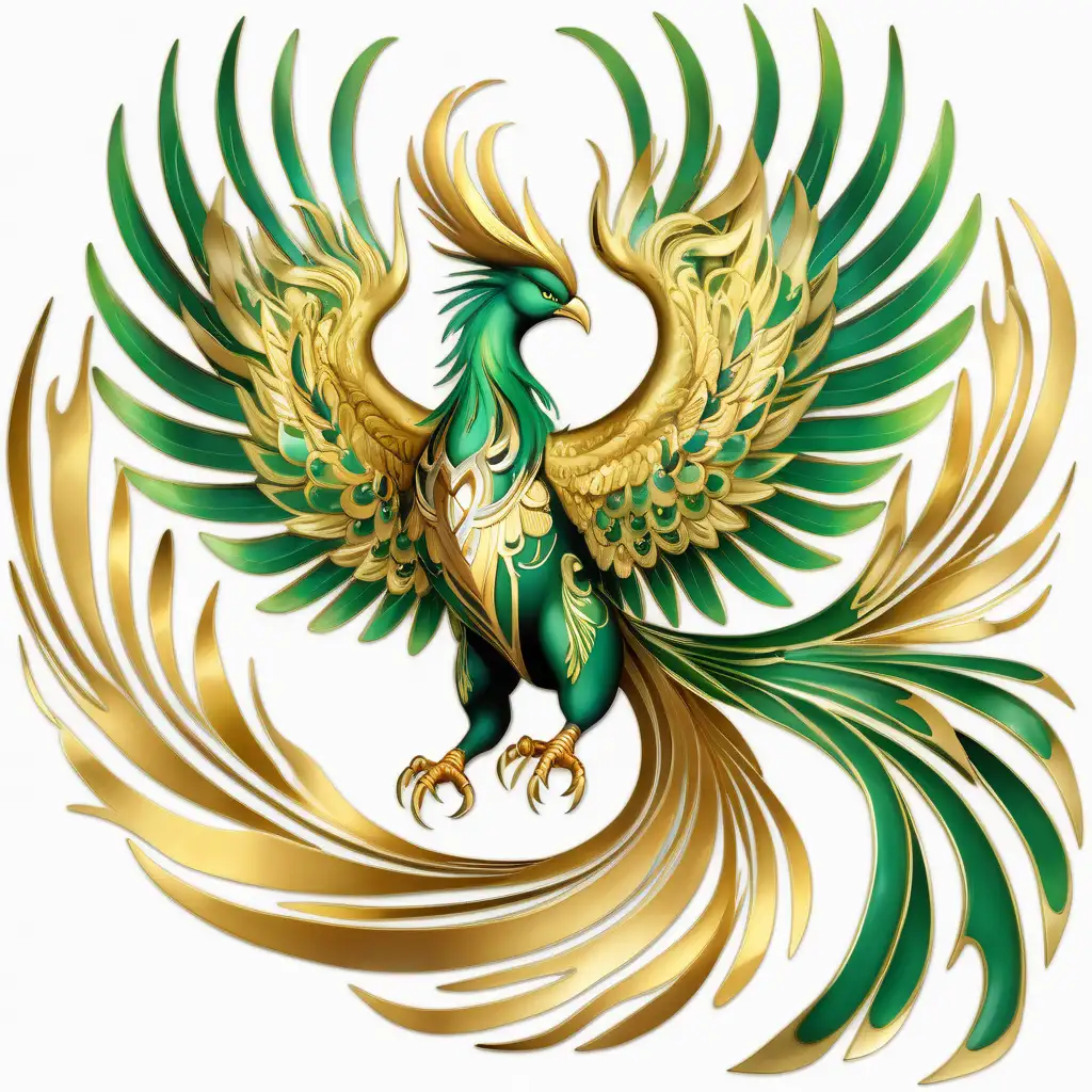 Majestic Green and Gold Phoenix on White Background