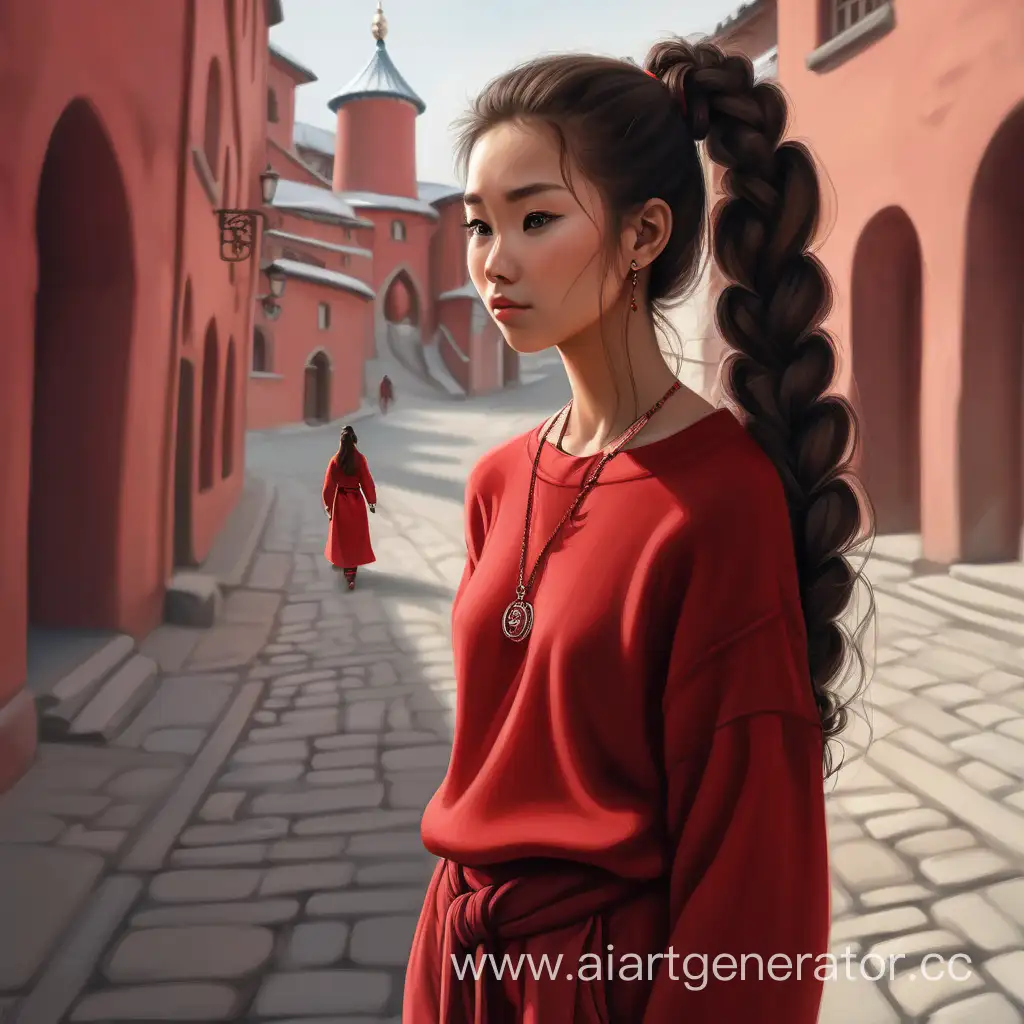 Serene-Buryat-Woman-in-Vibrant-Red-Ensemble-Explores-Medieval-City