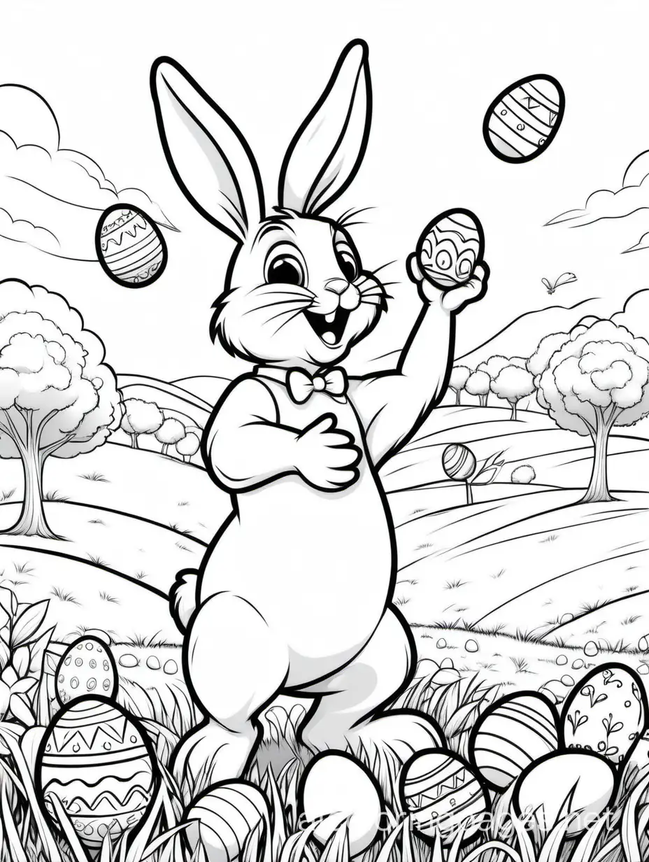 A playful Easter bunny juggling painted eggs in a sunny meadow., Coloring Page, black and white, line art, white background, Simplicity, Ample White Space. The background of the coloring page is plain white to make it easy for young children to color within the lines. The outlines of all the subjects are easy to distinguish, making it simple for kids to color without too much difficulty