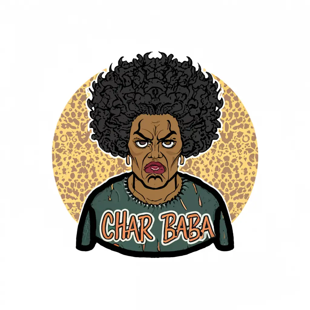 a logo design,with the text "Char baba", main symbol:comic book style drawing of an angry black momma with the words of the logo written across her shirt, line drawing, simple colors, hand-drawn,Moderate,clear background