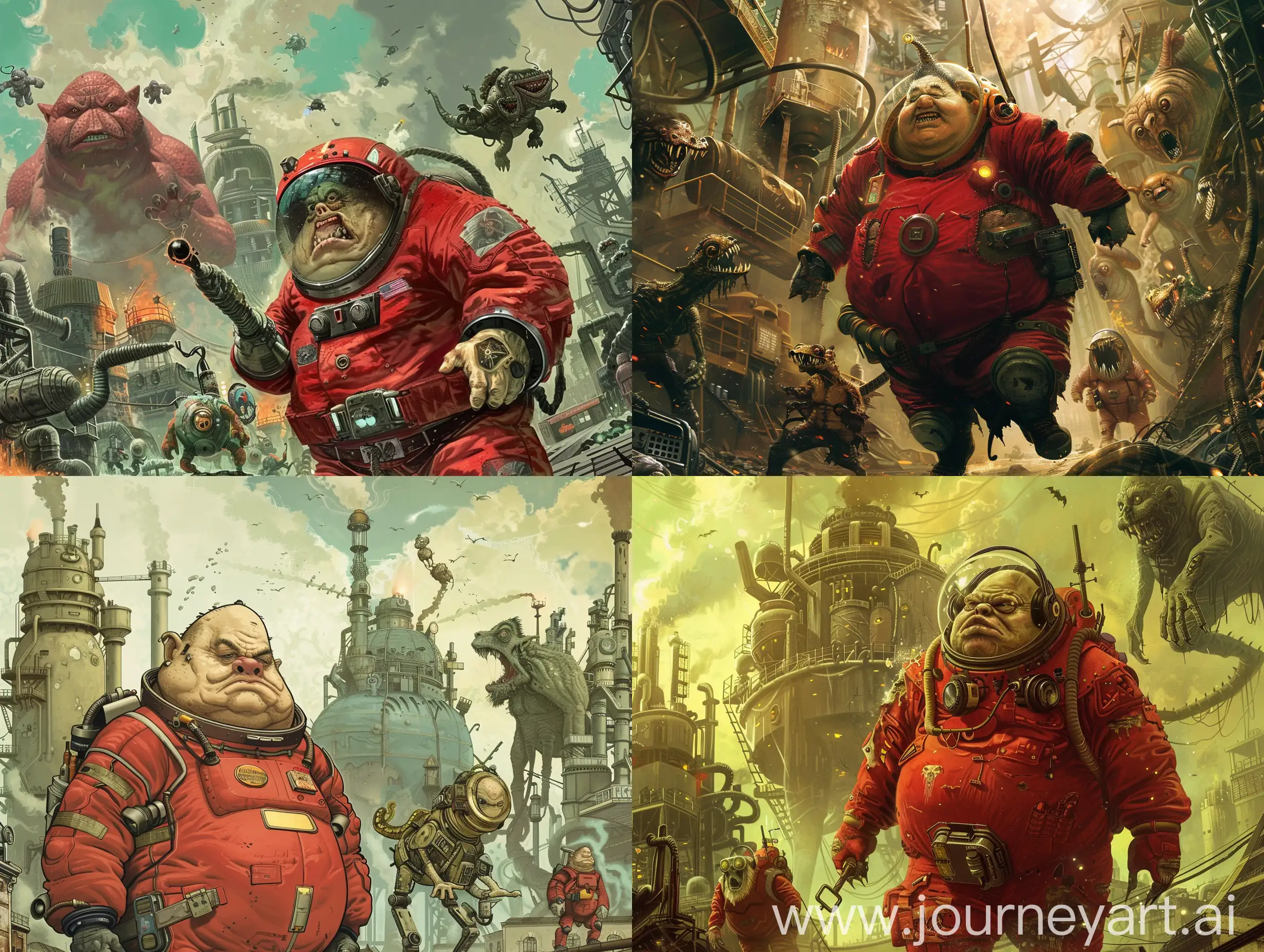 very fat man in a red spacesuit, in the background there are monsters and a factory