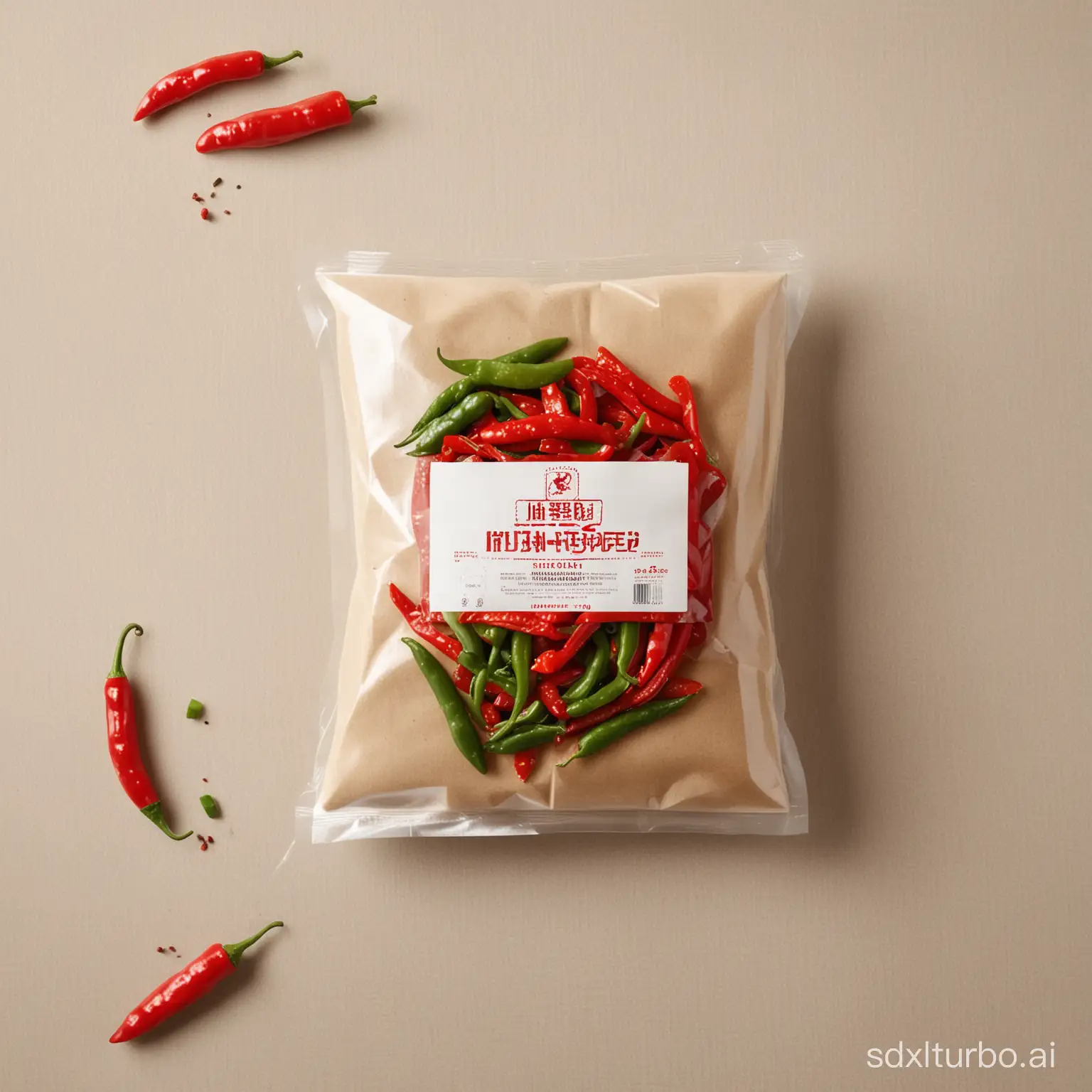 Packaging design, packaging bag, small crispy meat, wrapped flour products, fried food, broken red pepper, scattered green pepper, photography, table, tablecloth, small crispy meat in the packaging bagPackaging design, packaging bag, small crispy meat, wrapped flour products, fried food, broken red pepper, scattered green pepper, photography, table, tablecloth, small crispy meat in the packaging bag